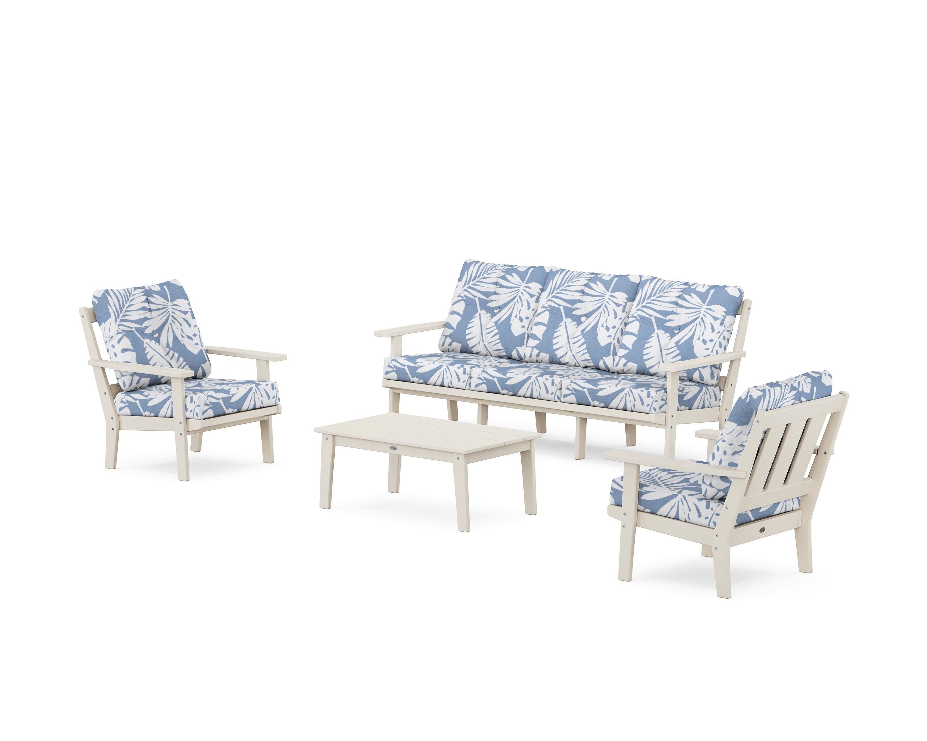 POLYWOOD® Oxford 4-Piece Deep Seating Set with Sofa in Sand / Leaf Sky Blue