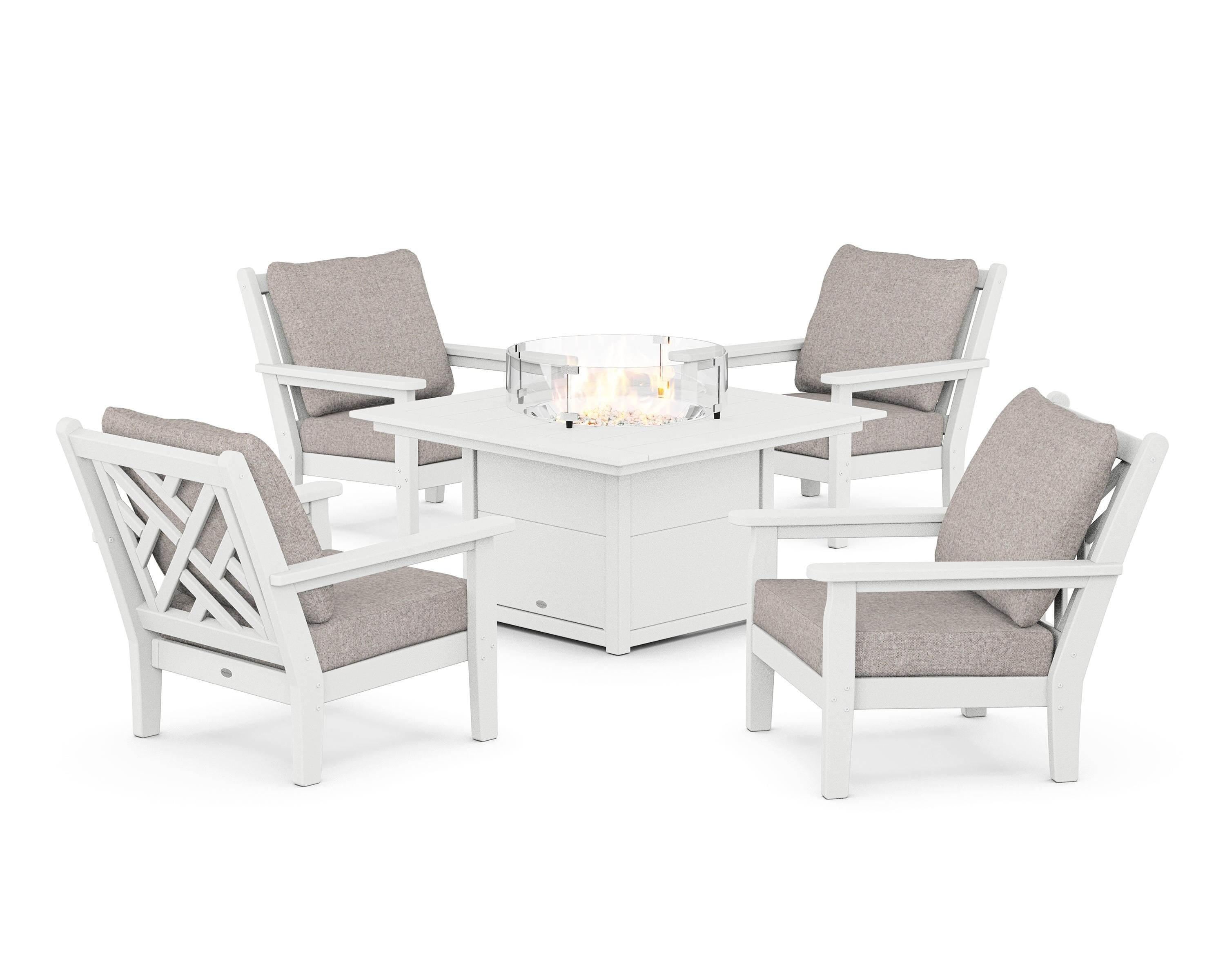 POLYWOOD® Chippendale 5-Piece Deep Seating Set with Fire Pit Table in White / Weathered Tweed