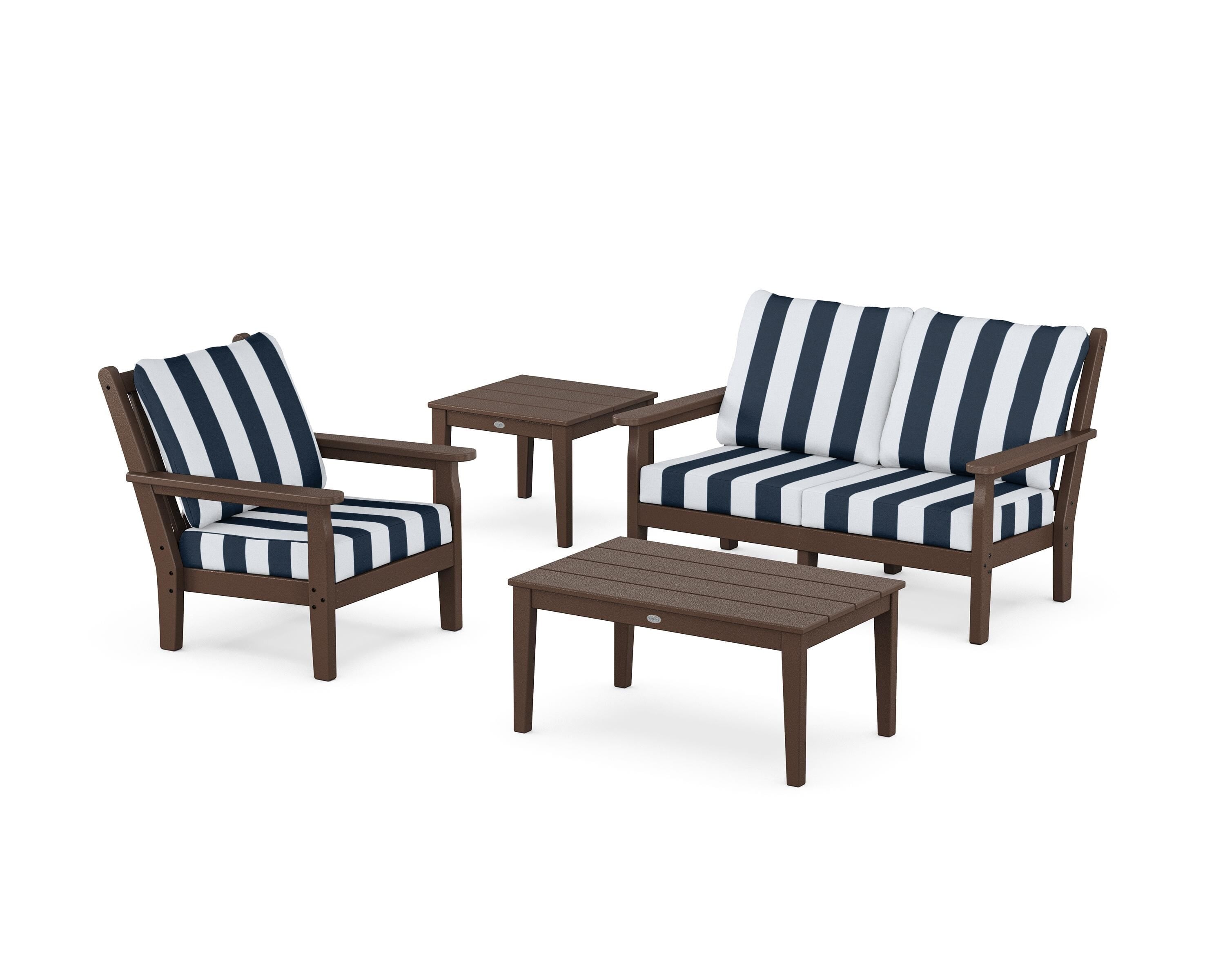 POLYWOOD® Chippendale 4-Piece Deep Seating Set in Mahogany / Cabana Stripe Marine Indigo
