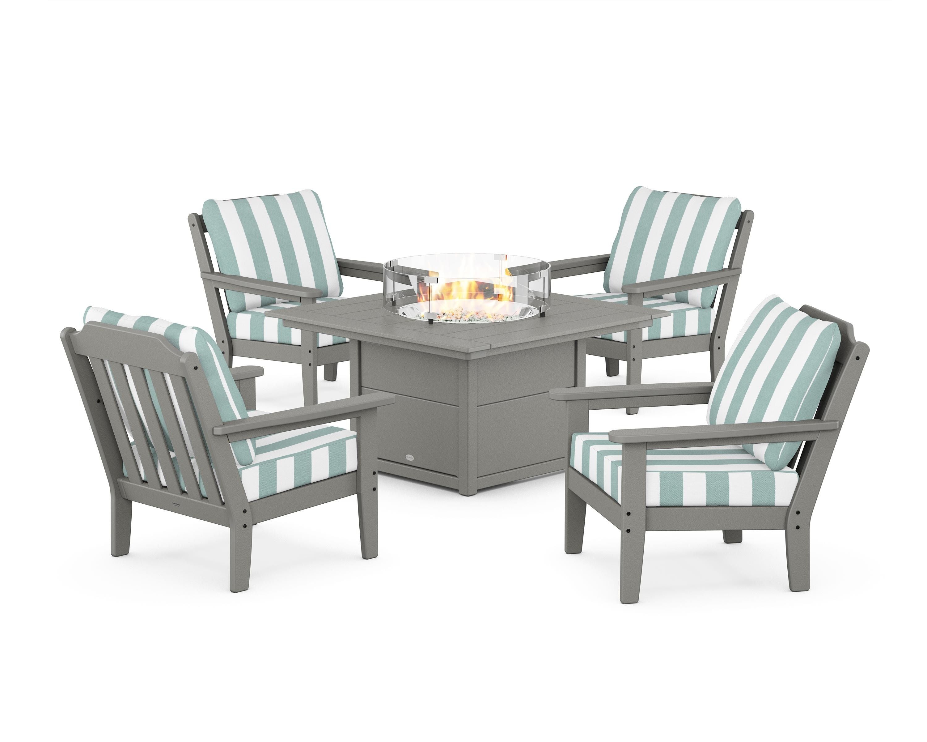 Country Living Cottage 5-Piece Deep Seating Set with Fire Pit Table in Slate Grey / Cabana Stripe Glacier Spa