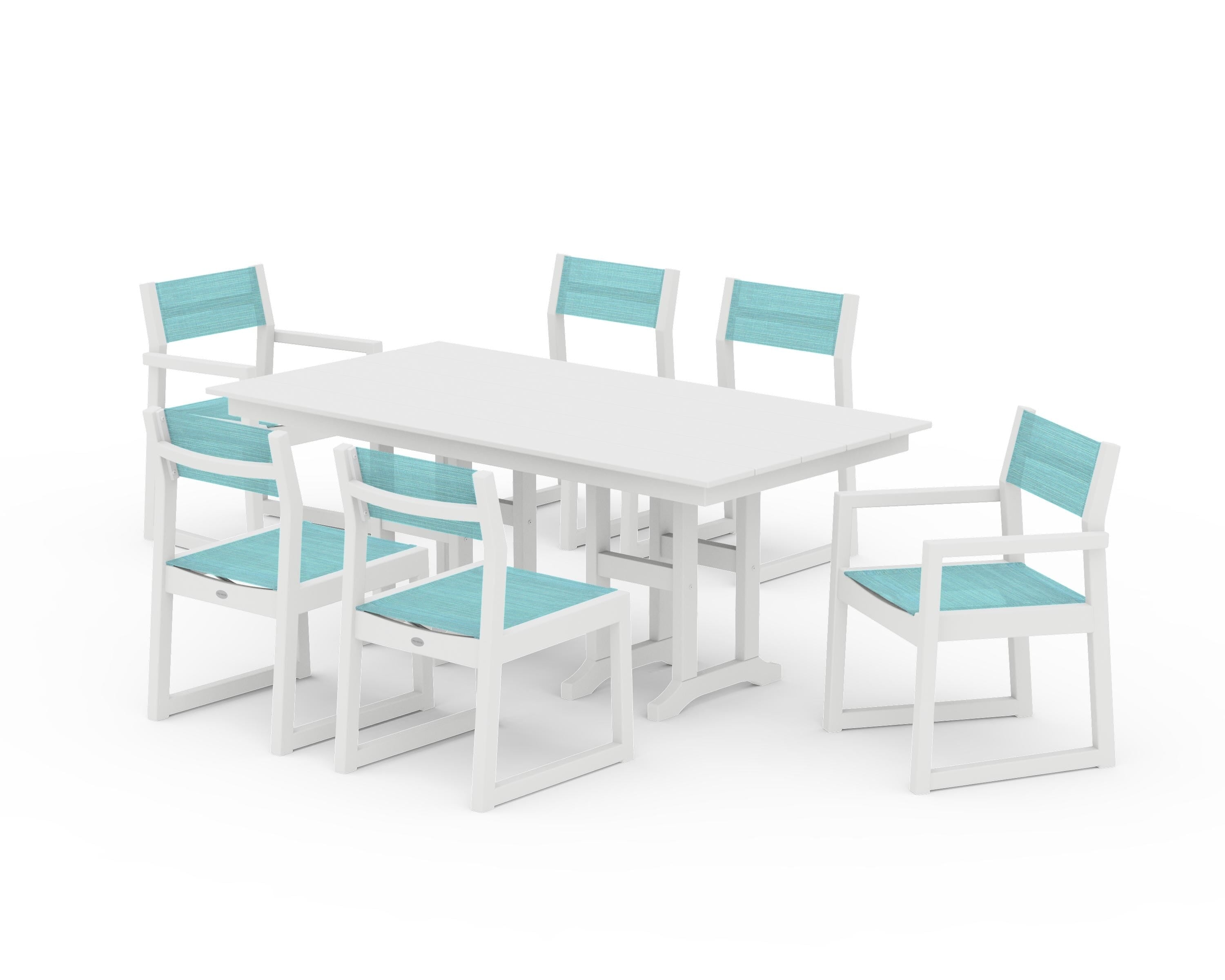 POLYWOOD® EDGE Sling 7-Piece Farmhouse Dining Set in White / Dupioni Aquamarine Sling