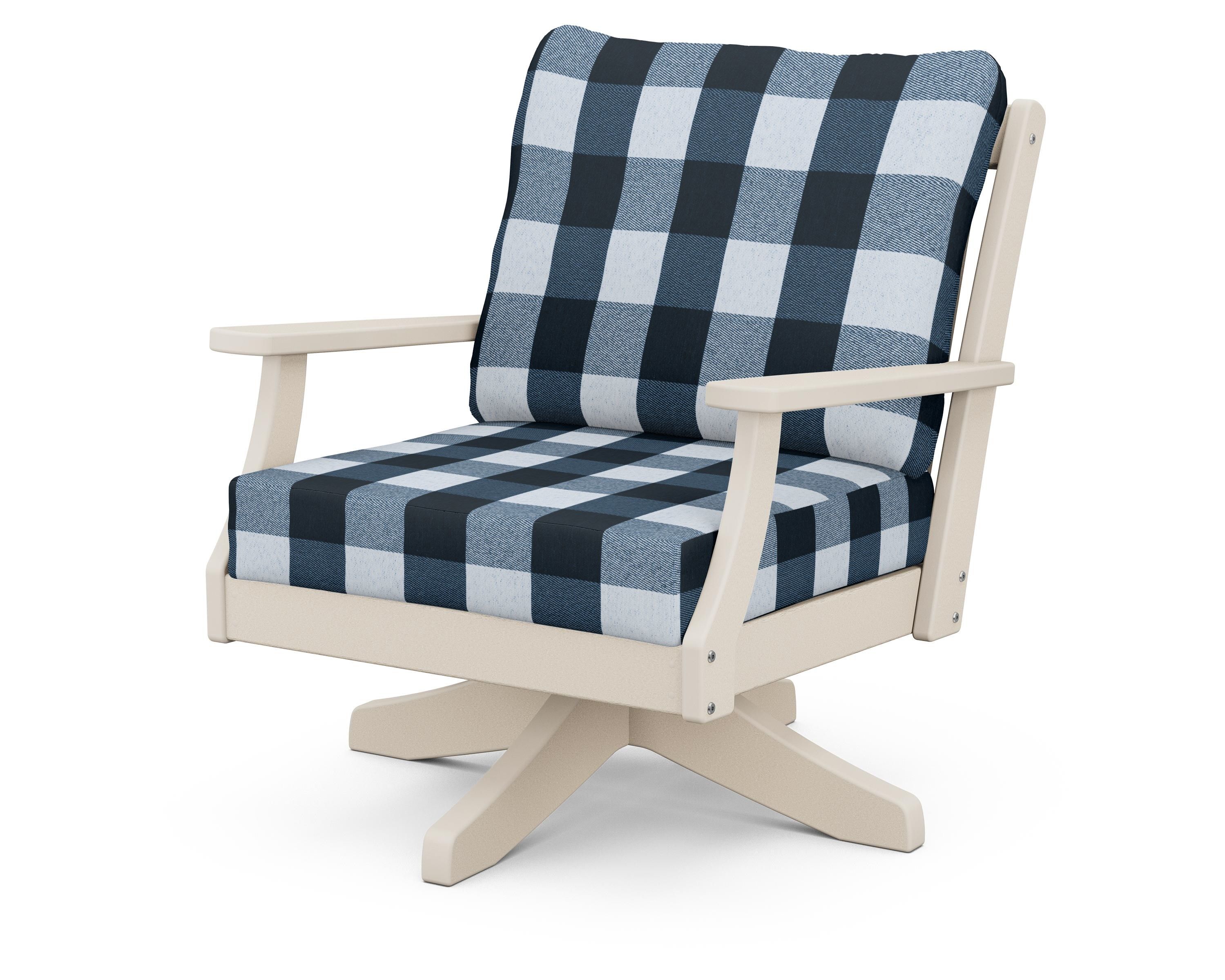 POLYWOOD® Braxton Deep Seating Swivel Chair in Sand / Buffalo Plaid Marine Indigo
