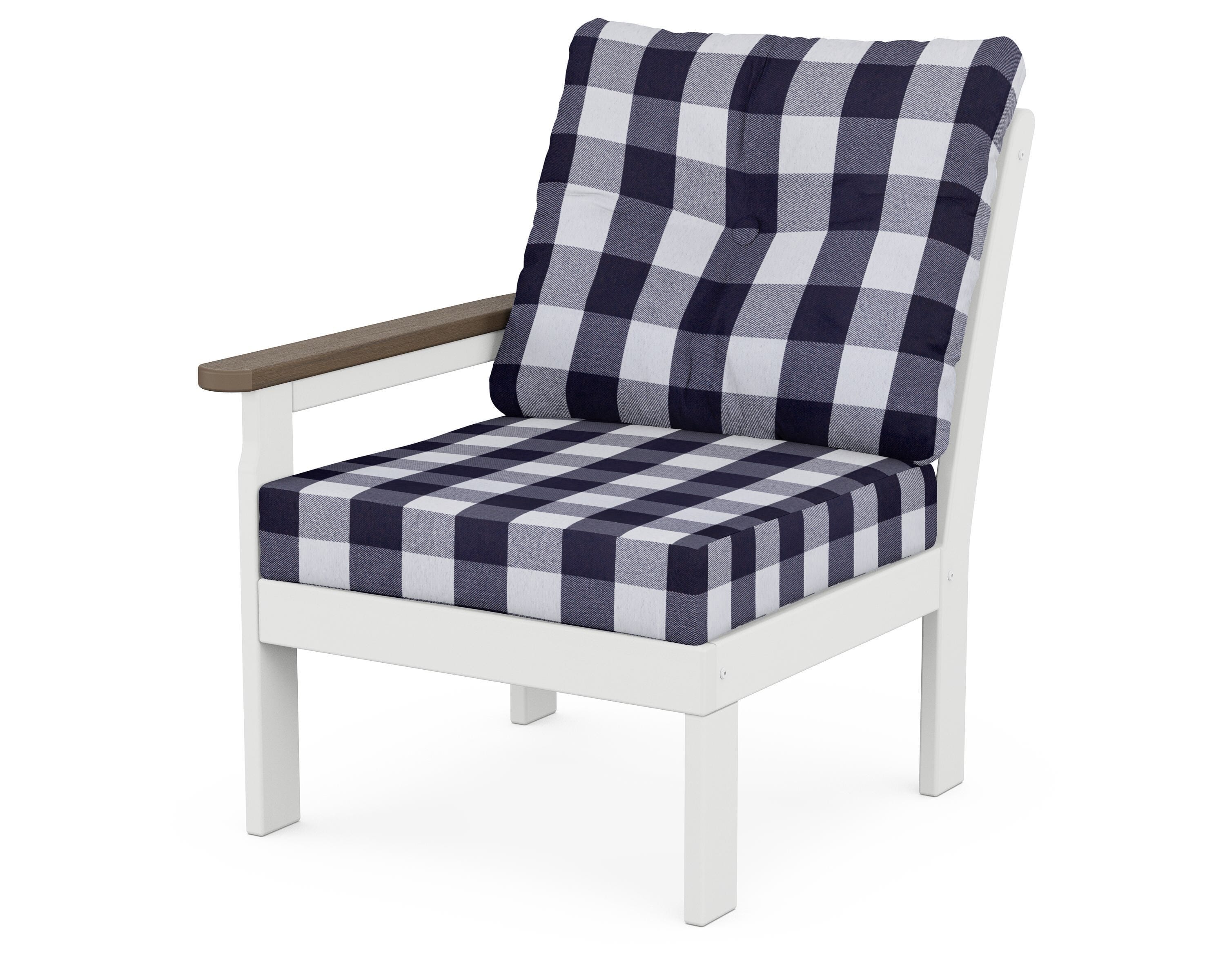 POLYWOOD® Vineyard Modular Left Arm Chair in White / Kona / Buffalo Plaid Navy