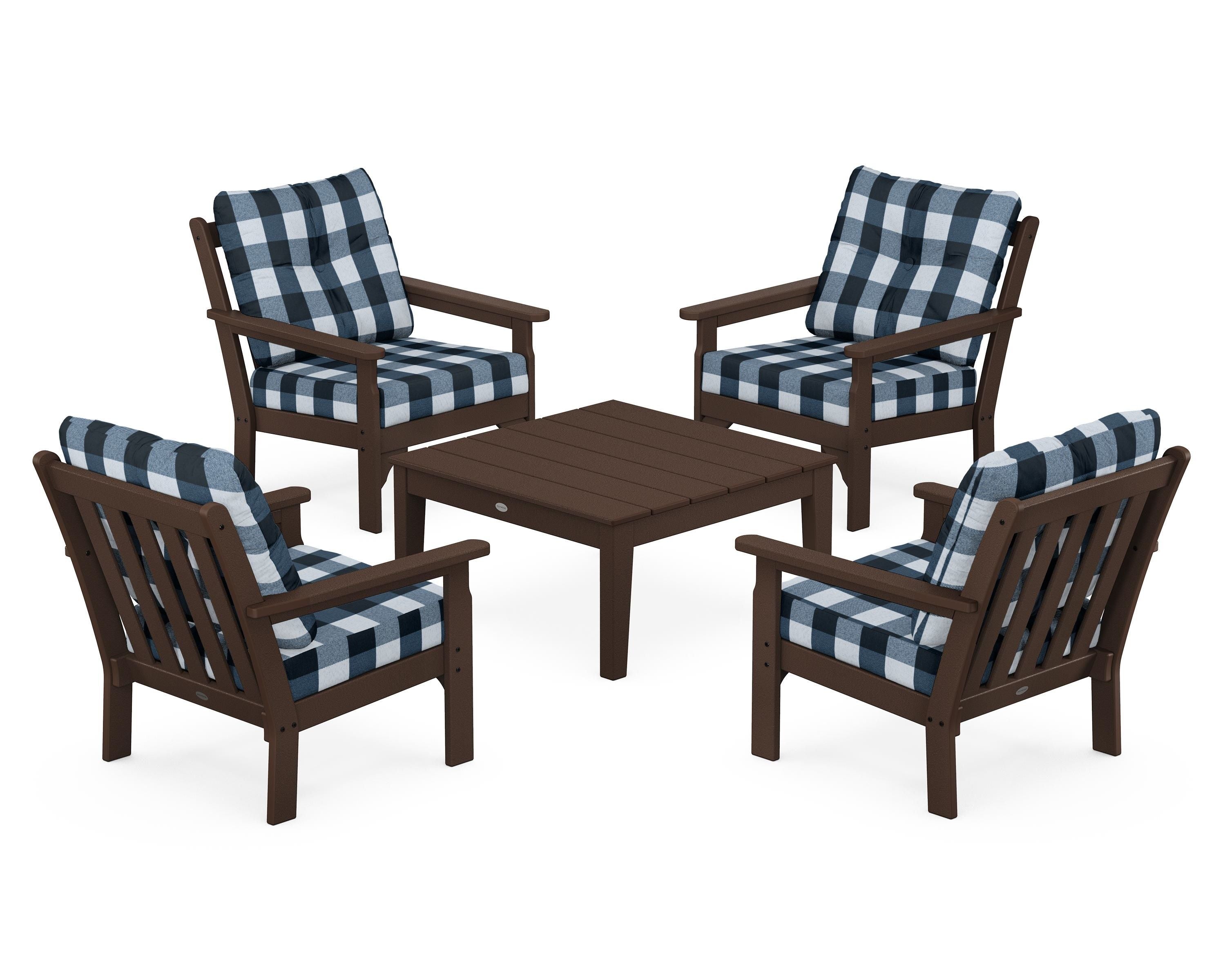 POLYWOOD® Vineyard 5-Piece Deep Seating Conversation Set in Mahogany / Buffalo Plaid Marine Indigo