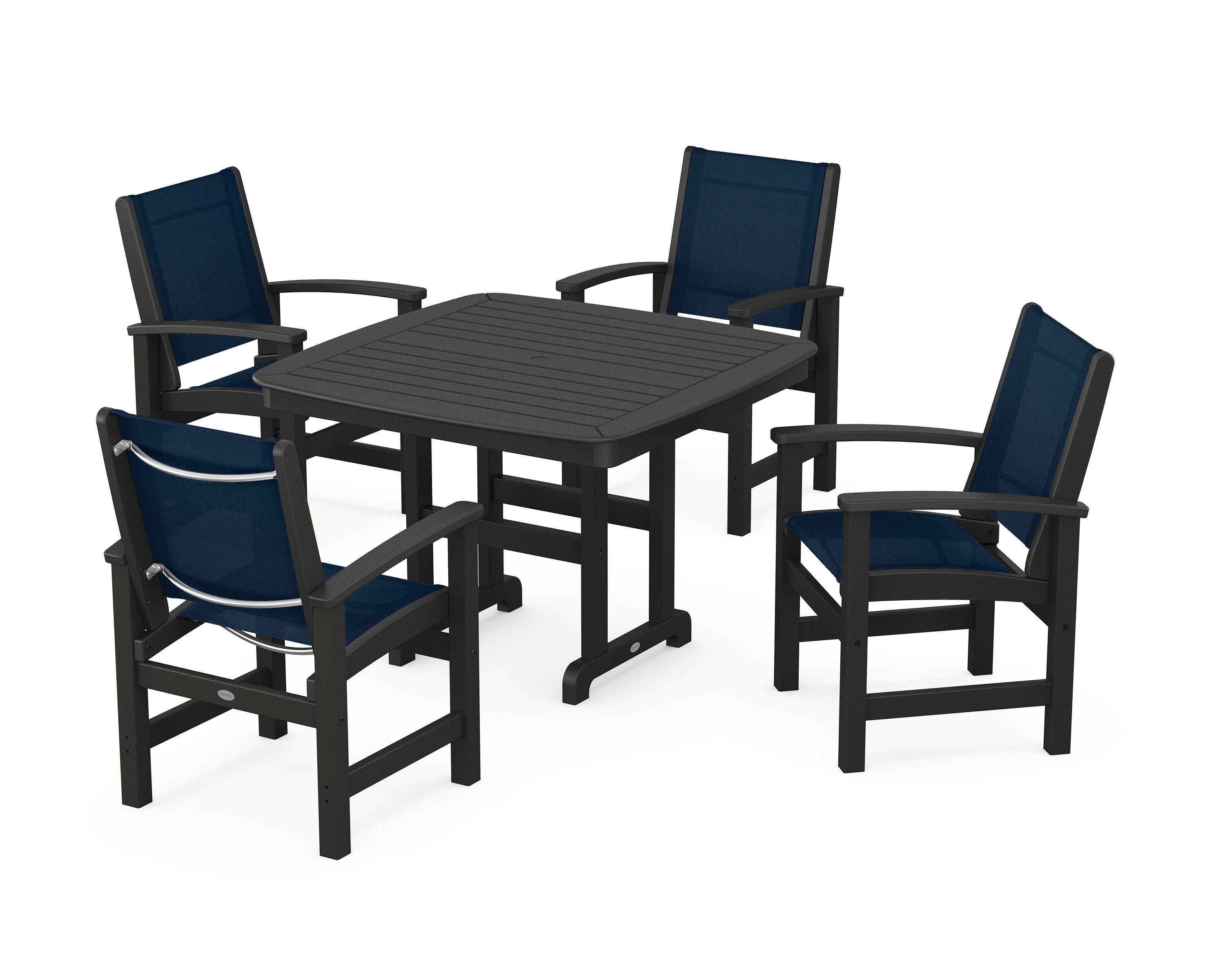 POLYWOOD® Coastal 5-Piece Dining Set in Black / Navy Blue Sling