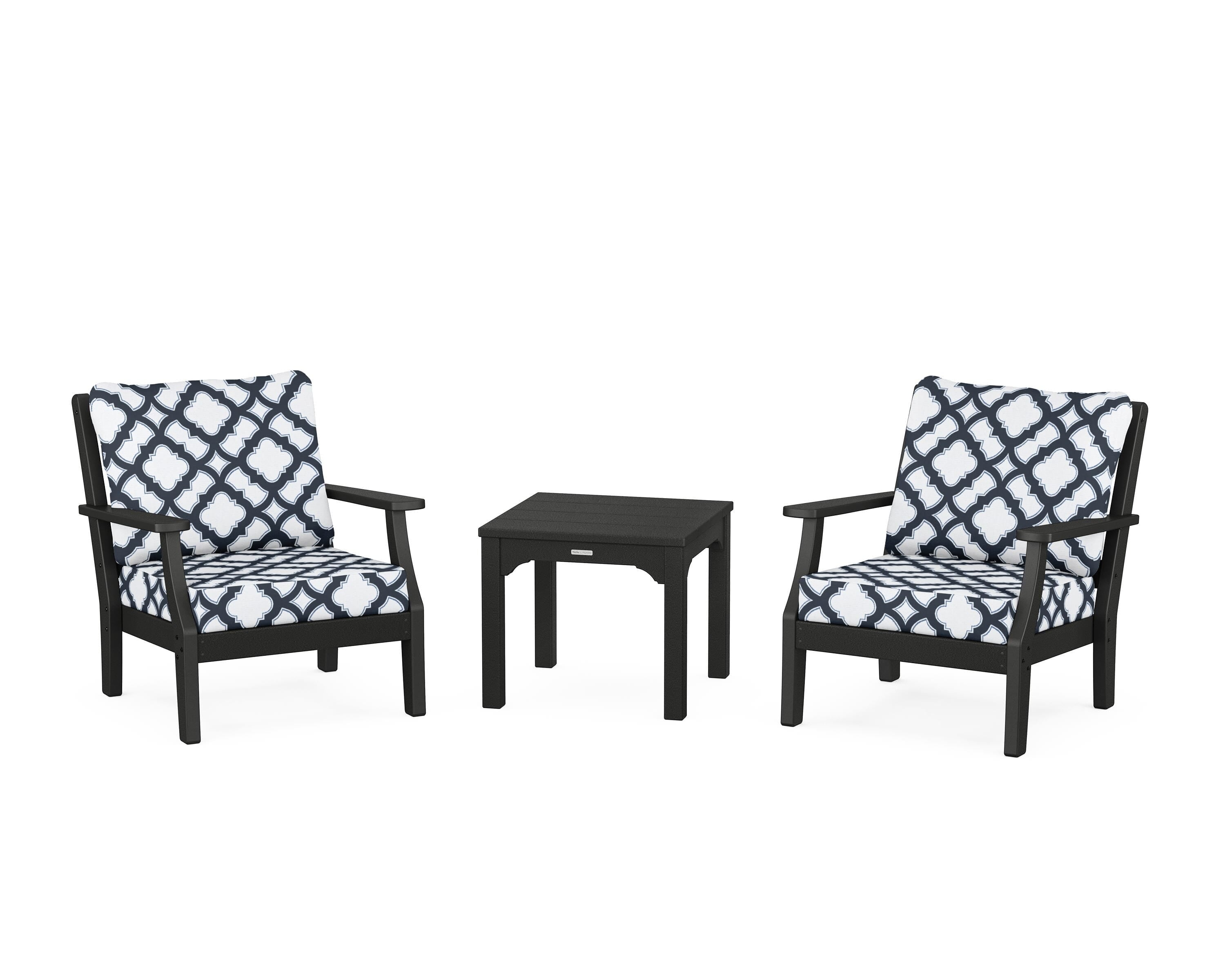 Martha Stewart by POLYWOOD® Chinoiserie 3-Piece Deep Seating Set in Black / Trellis Marine Indigo