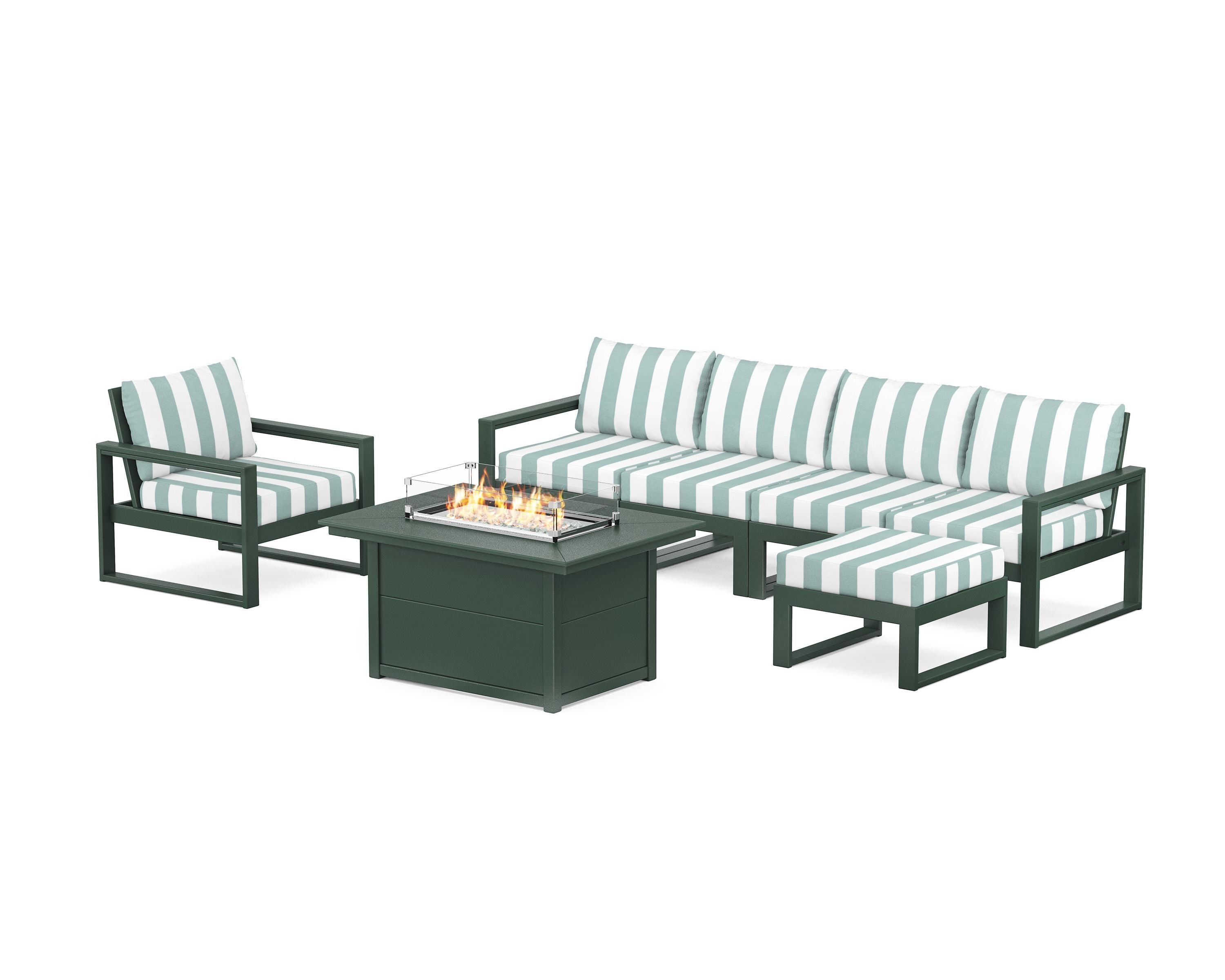 POLYWOOD® EDGE Sectional Lounge and Fire Pit Set in Green / Cabana Stripe Glacier Spa