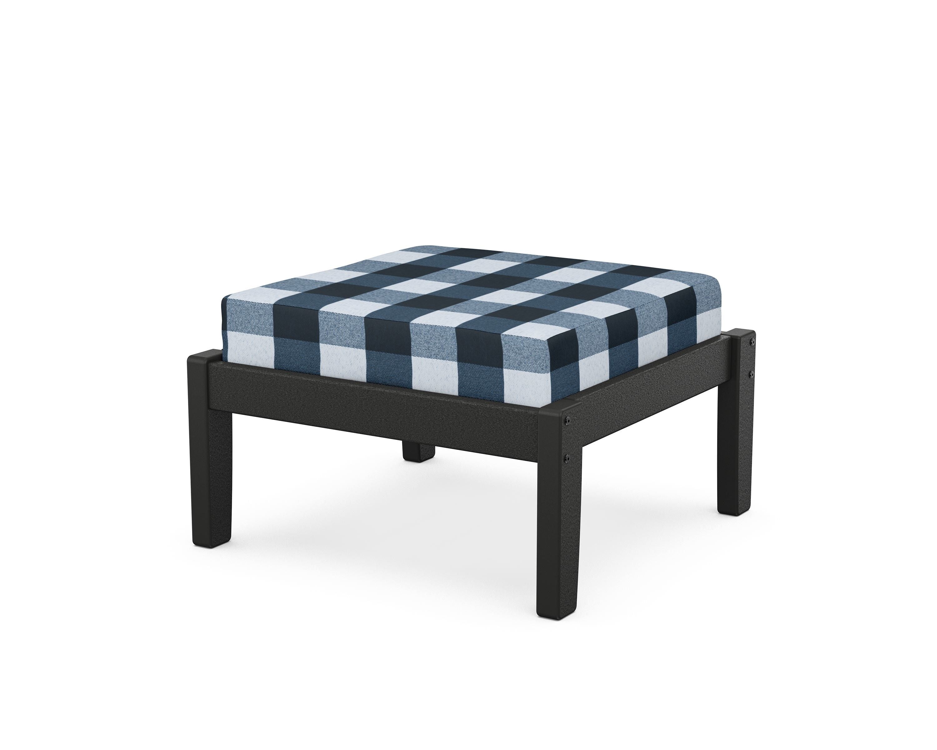 Unbranded Deep Seating Ottoman in Black / Buffalo Plaid Marine Indigo