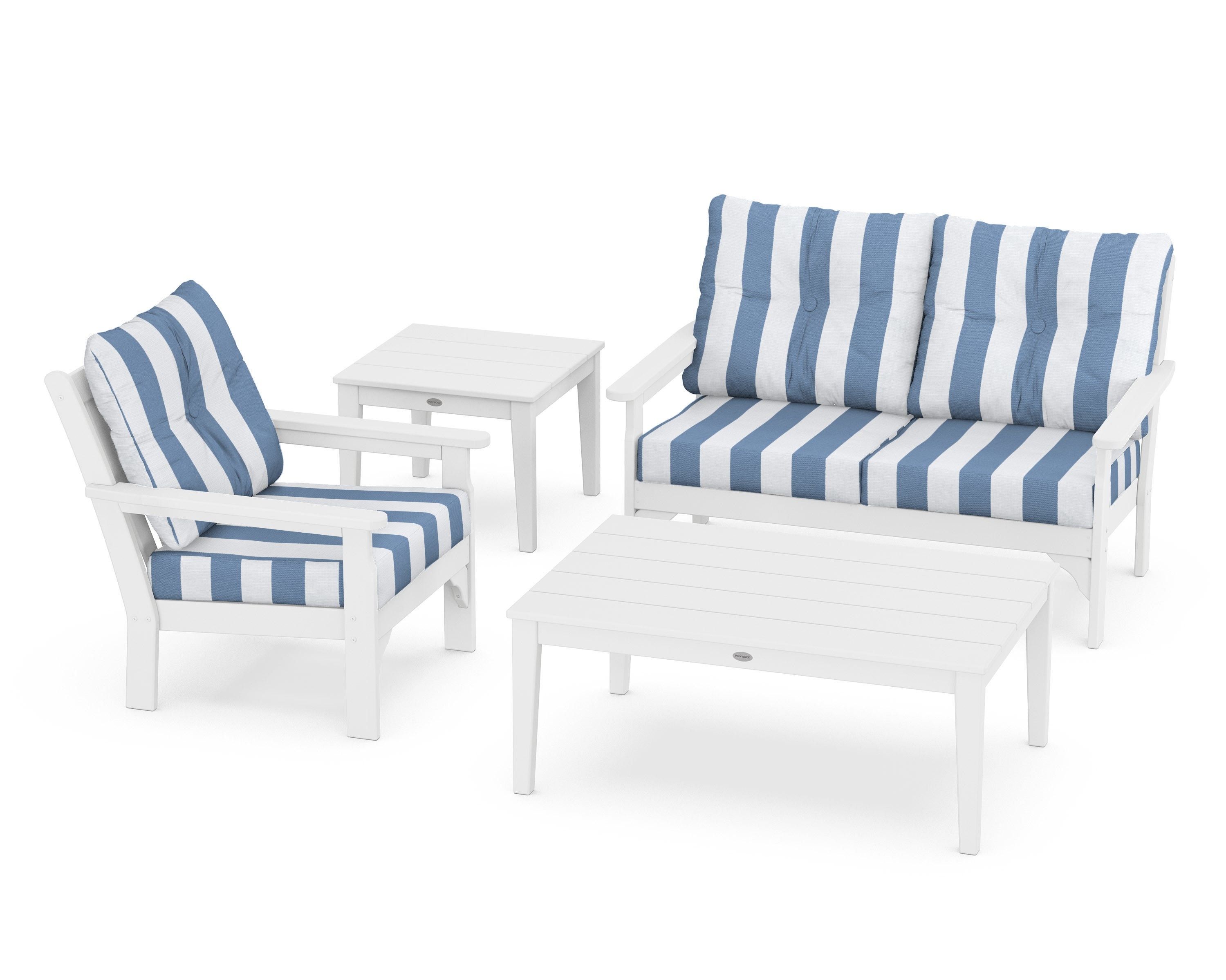 POLYWOOD® Vineyard 4-Piece Deep Seating Set in White / Cabana Stripe Sky Blue