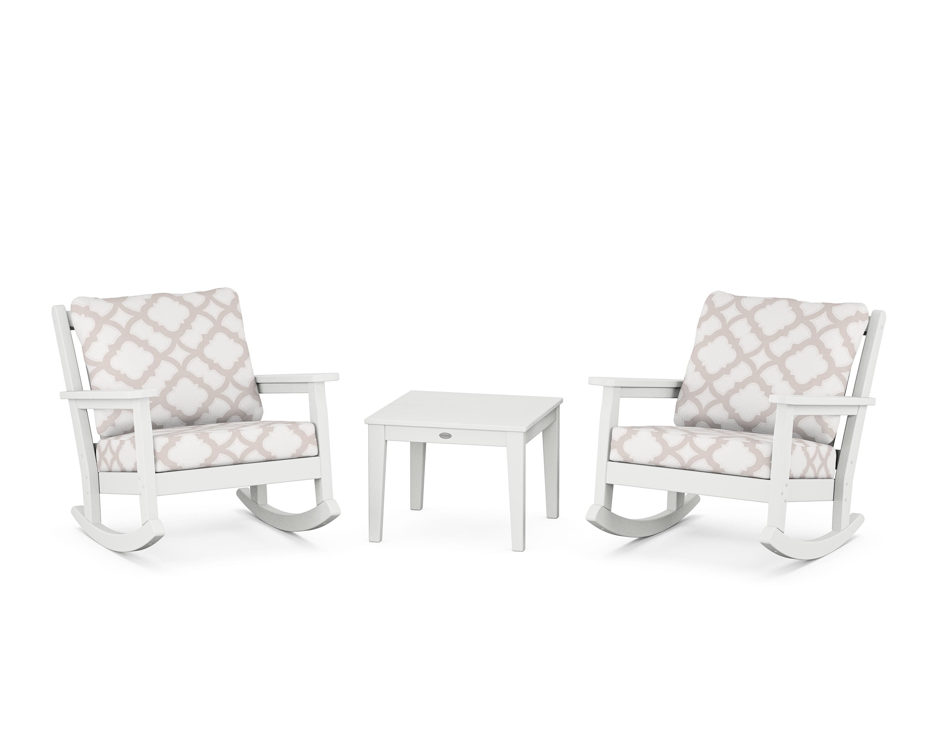 POLYWOOD® Chippendale 3-Piece Deep Seating Rocker Set in White / Trellis Dune Burlap