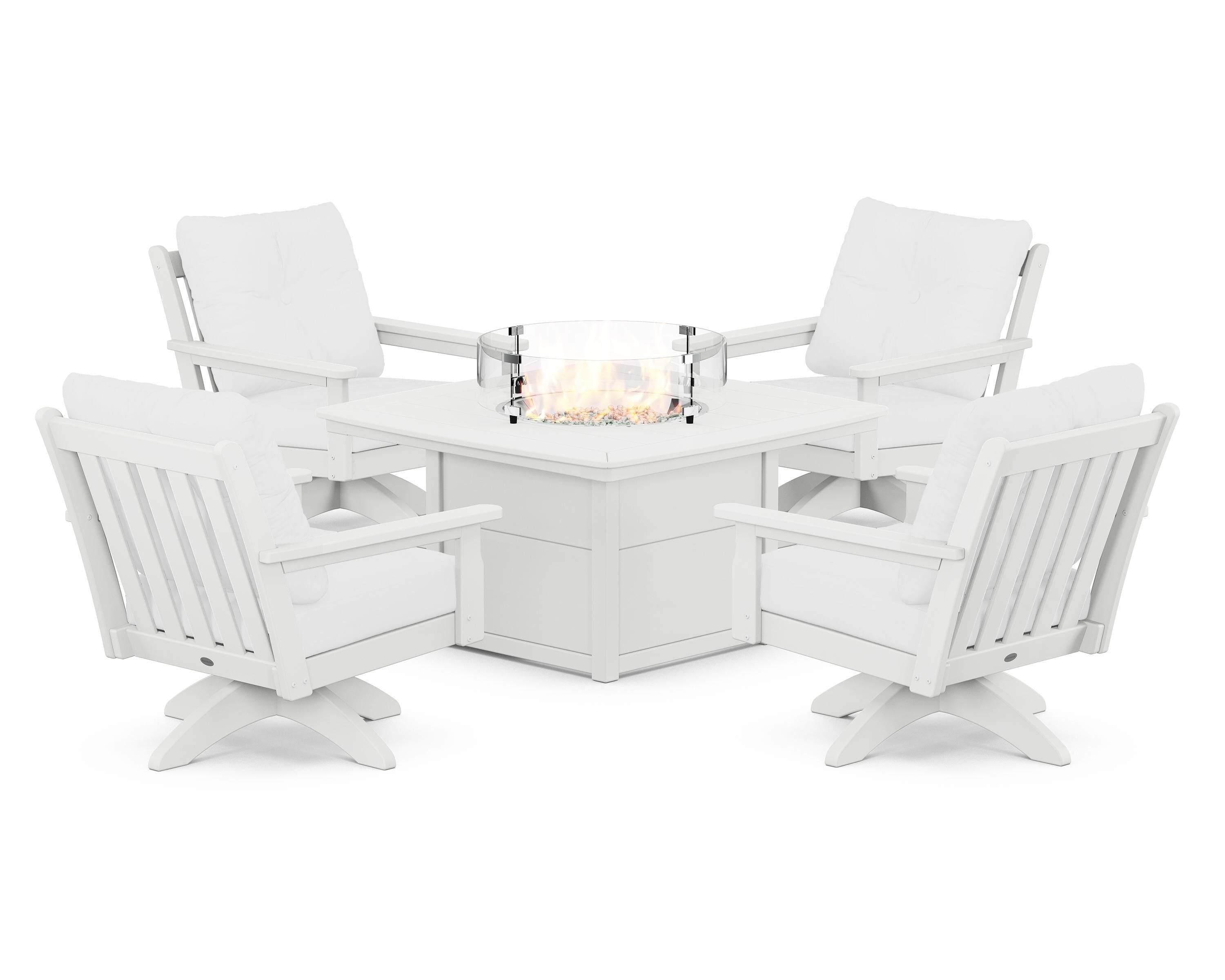POLYWOOD® Vineyard 5-Piece Deep Seating Swivel Conversation Set with Fire Pit Table in White / Natural