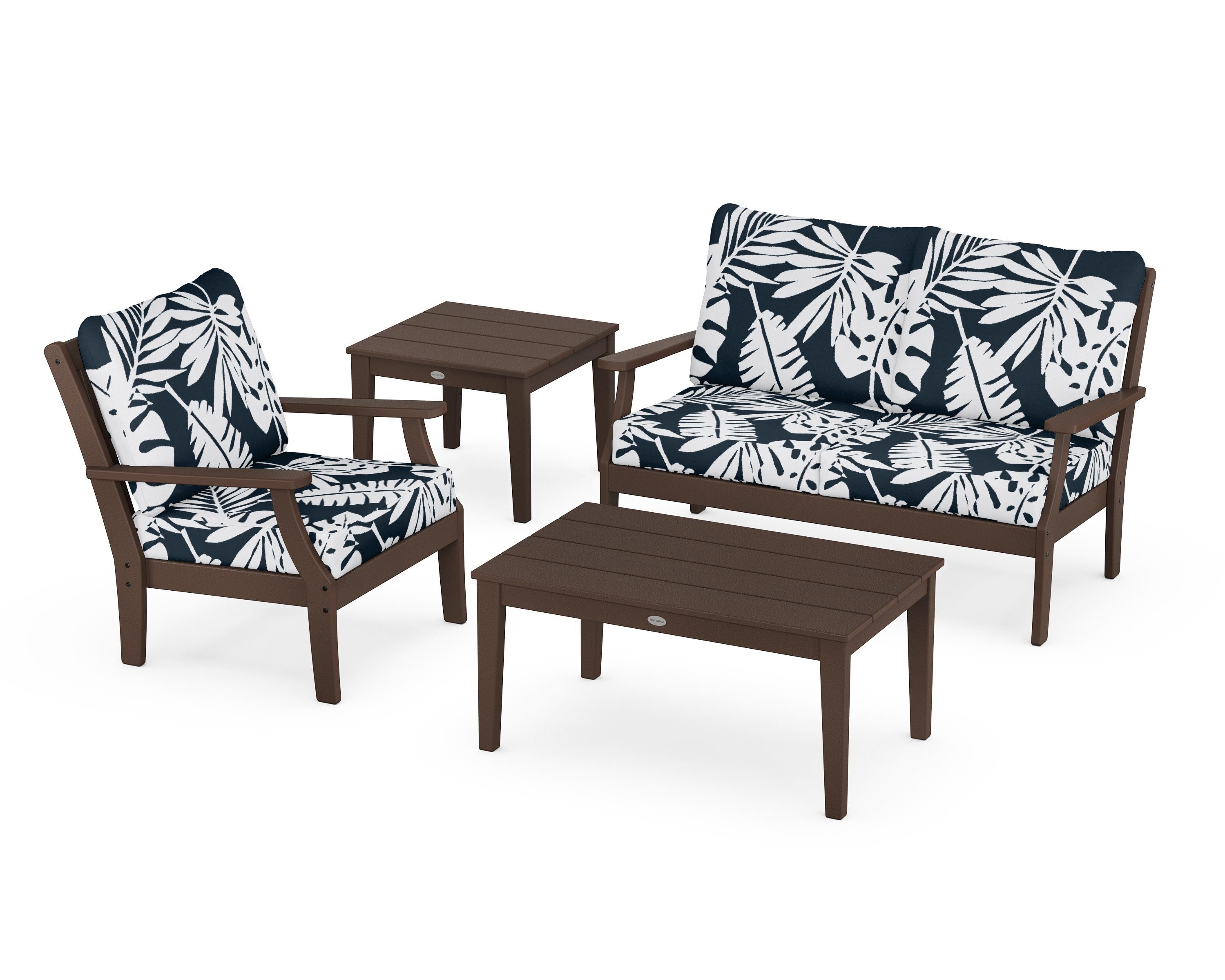POLYWOOD® Braxton 4-Piece Deep Seating Set in Mahogany / Leaf Marine Indigo