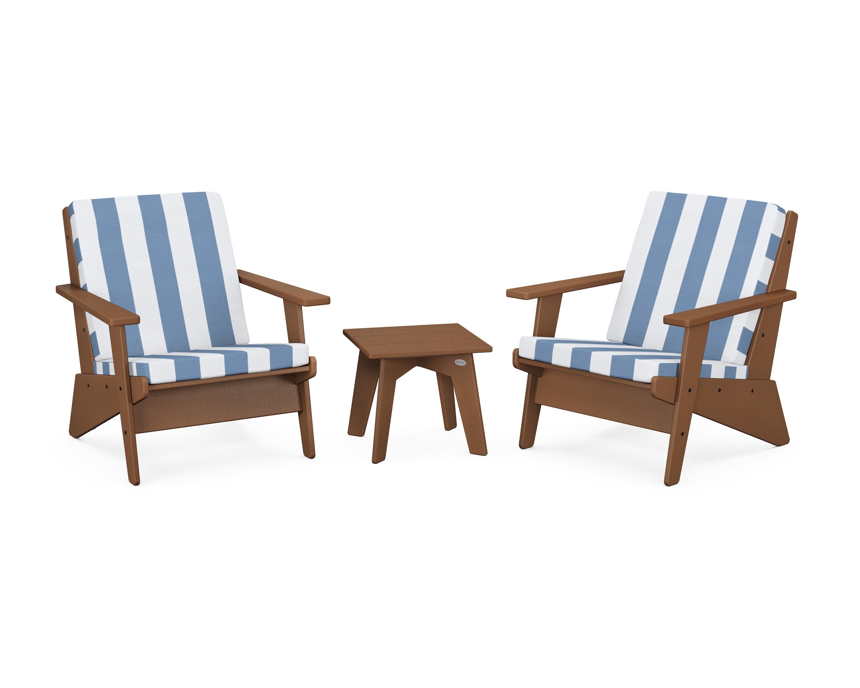 POLYWOOD® Riviera Modern Lounge 3-Piece Set in Teak / Cabana Stripe Sky Blue