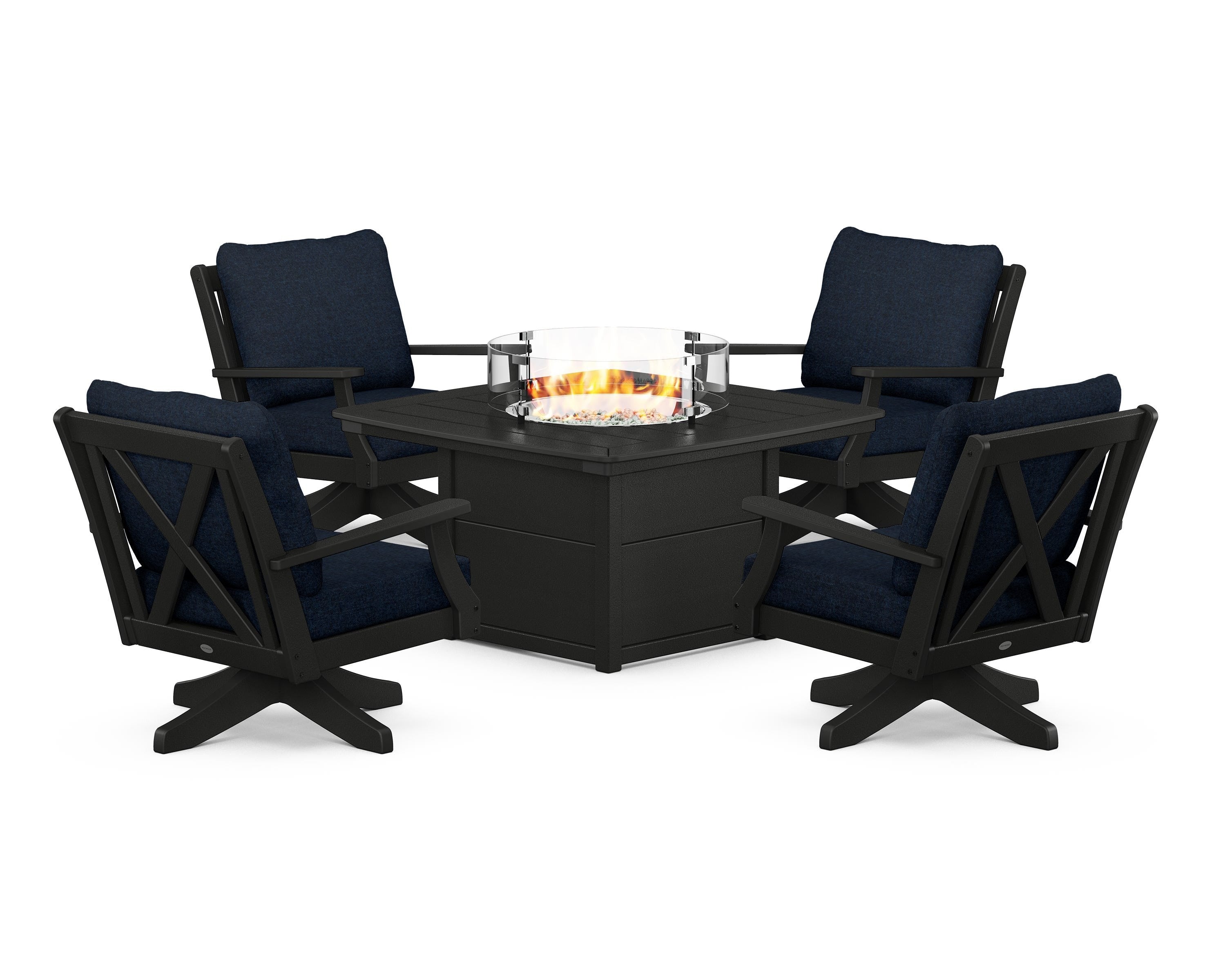 POLYWOOD® Braxton 5-Piece Deep Seating Swivel Conversation Set with Fire Pit Table in Black / Marine Indigo