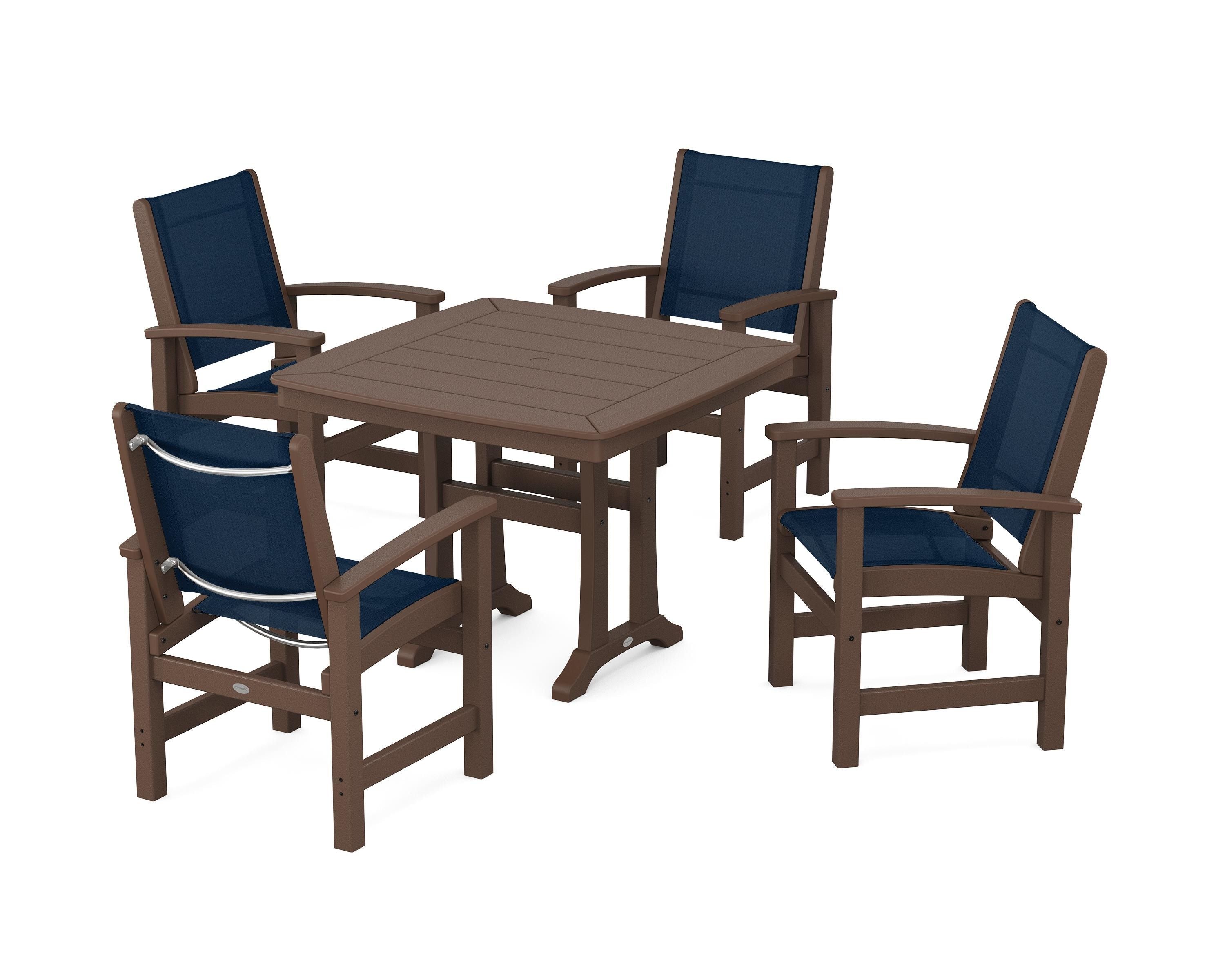 POLYWOOD® Coastal 5-Piece Dining Set with Trestle Legs in Mahogany / Navy Blue Sling