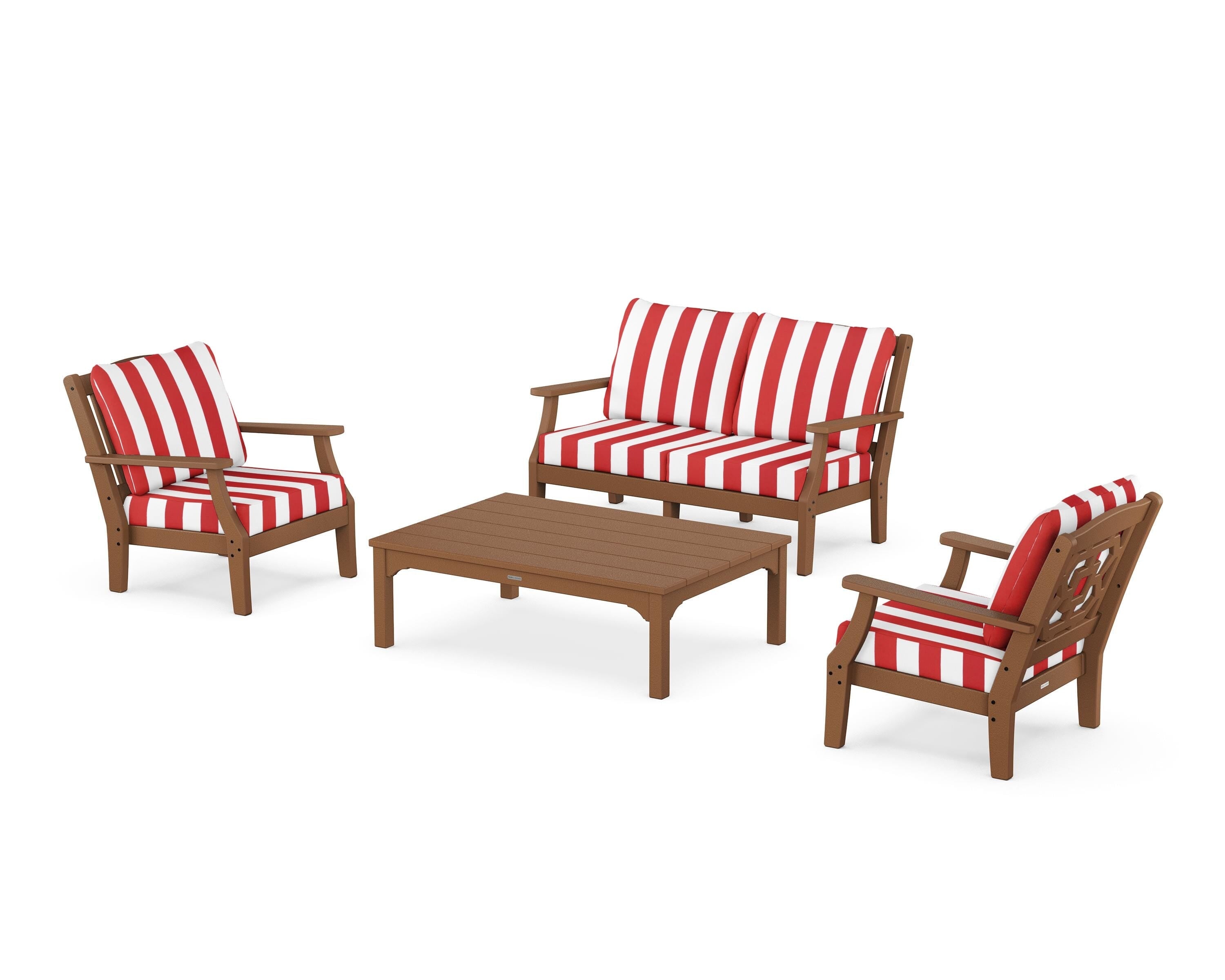 Martha Stewart by POLYWOOD® Chinoiserie 4-Piece Deep Seating Set with Loveseat in Teak / Cabana Stripe Crimson