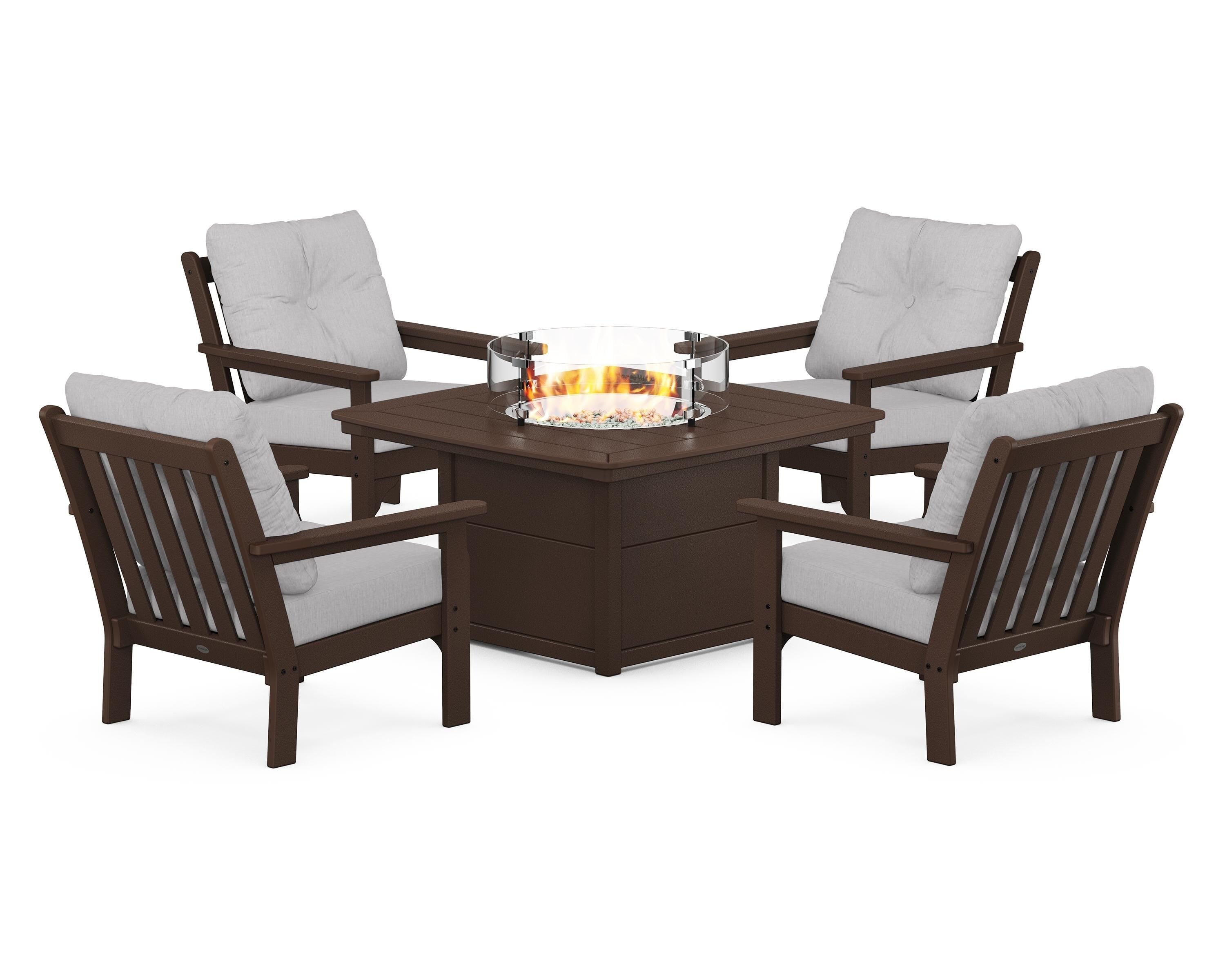 POLYWOOD® Vineyard 5-Piece Conversation Set with Fire Pit Table in Mahogany / Granite