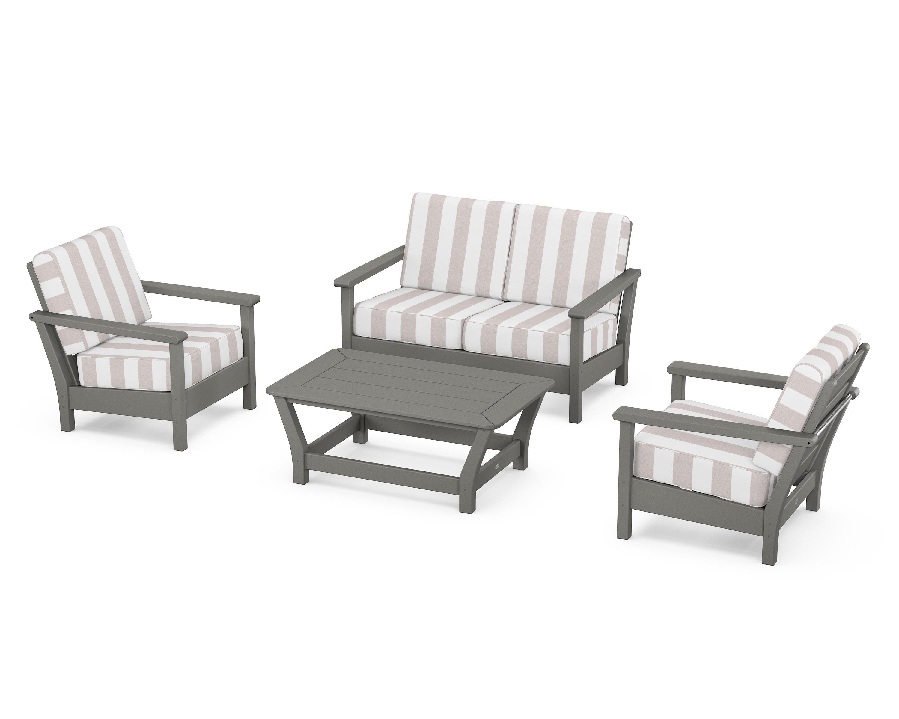 POLYWOOD® Harbour 4-Piece Deep Seating Set in Slate Grey / Cabana Stripe Dune Burlap
