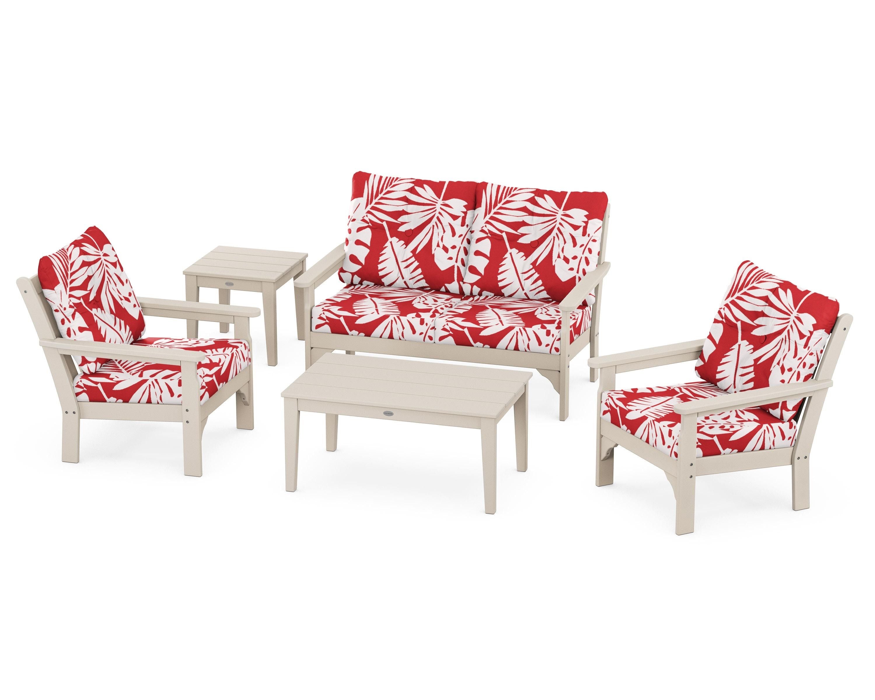 POLYWOOD® Vineyard 5-Piece Deep Seating Set in Sand / Leaf Crimson