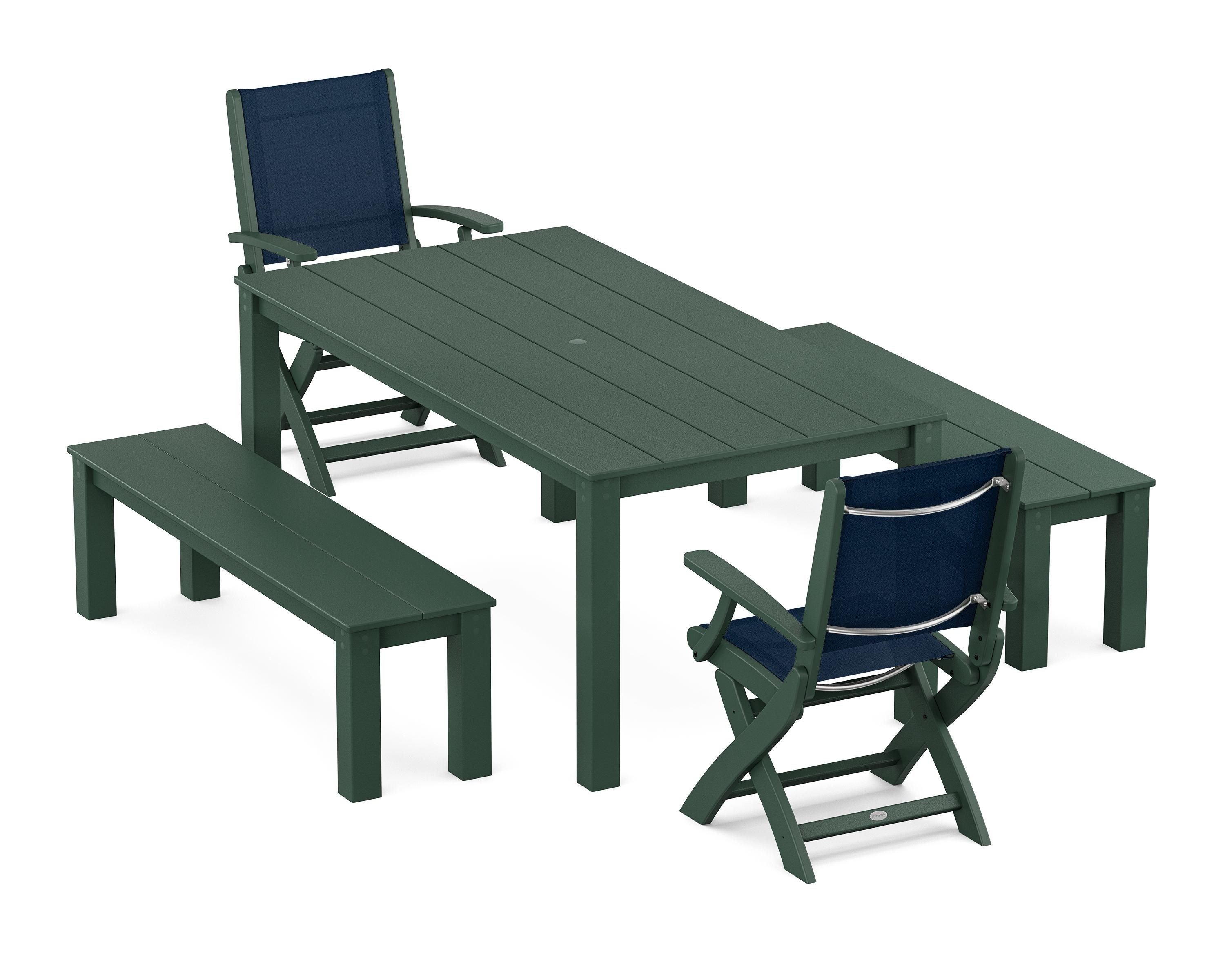 POLYWOOD® Coastal Folding Chair 5-Piece Parsons Dining Set with Benches in Green / Navy Blue Sling