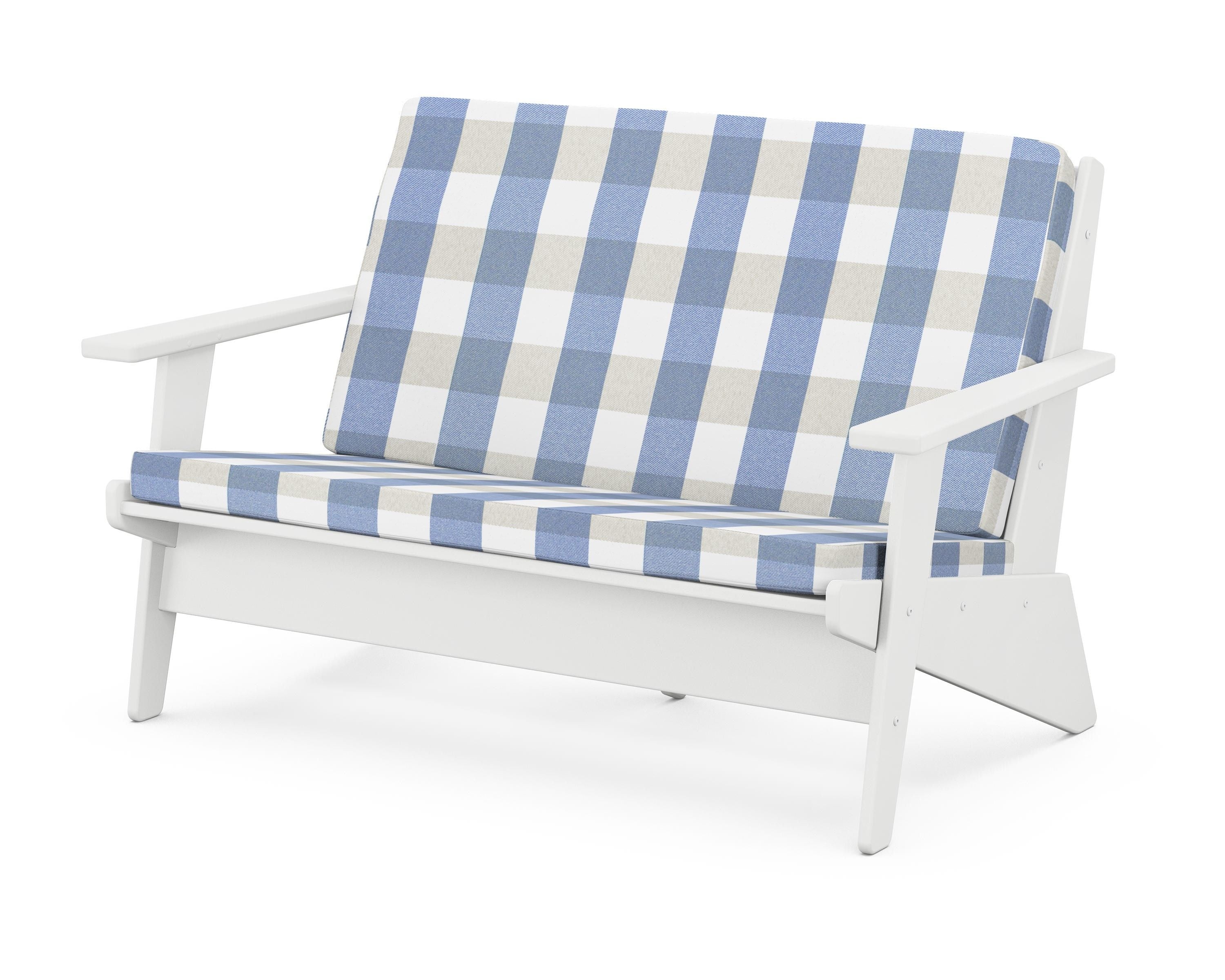 POLYWOOD® Riviera Modern Lounge Loveseat in White / Buffalo Plaid Sky Blue