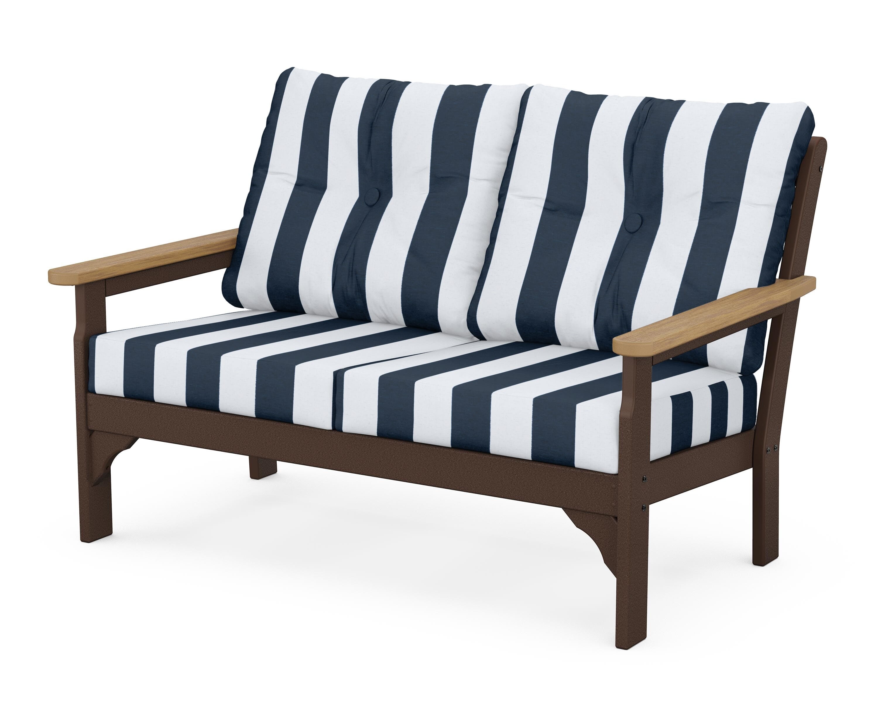 POLYWOOD® Vineyard Deep Seating Loveseat in Mahogany / Natural / Cabana Stripe Marine Indigo