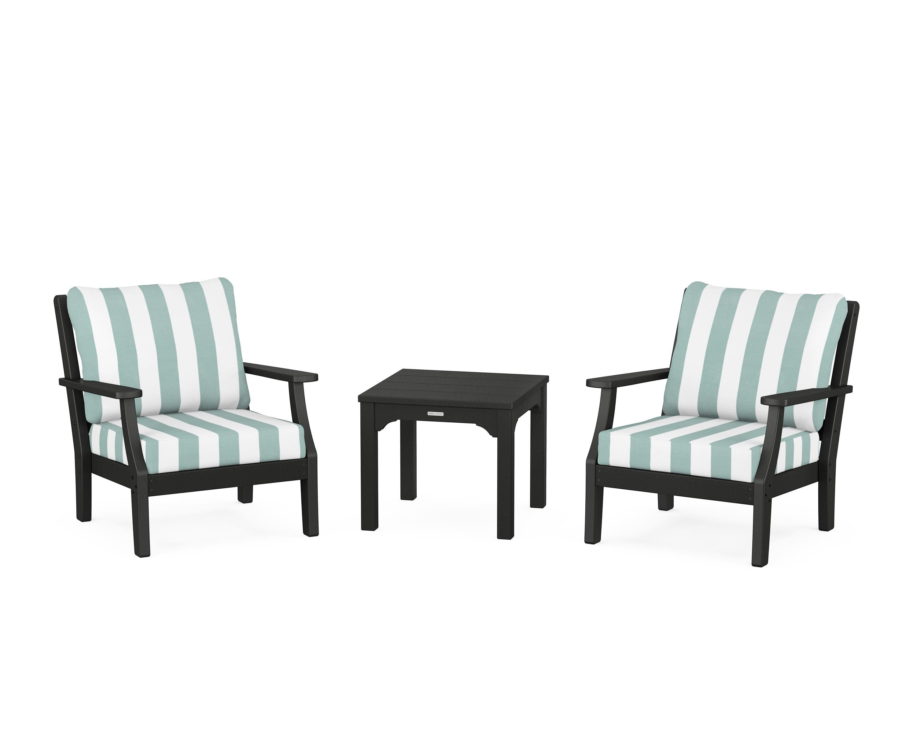 Martha Stewart by POLYWOOD® Chinoiserie 3-Piece Deep Seating Set in Black / Cabana Stripe Glacier Spa