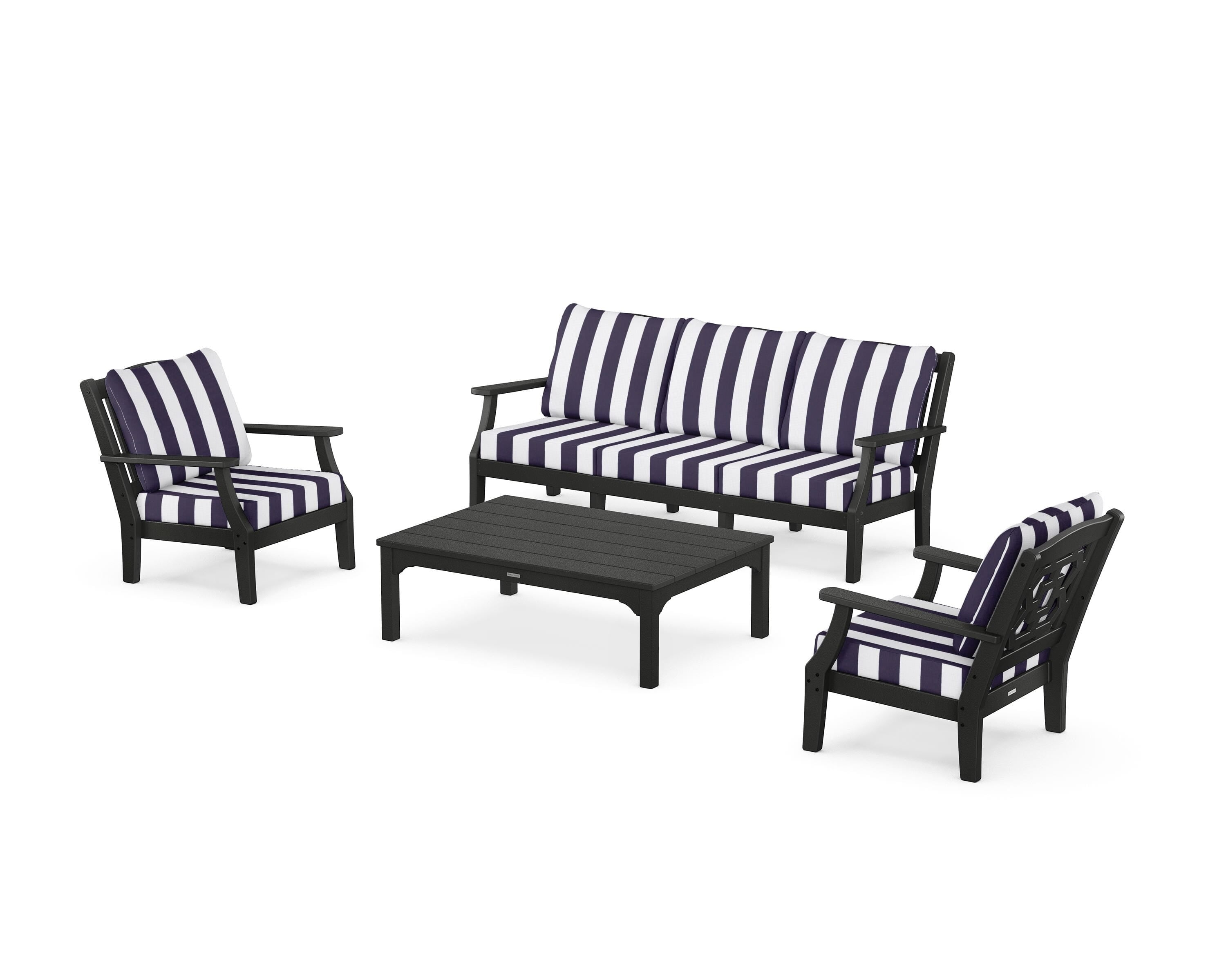 Martha Stewart by POLYWOOD® Chinoiserie 4-Piece Deep Seating Set with Sofa in Black / Cabana Stripe Navy