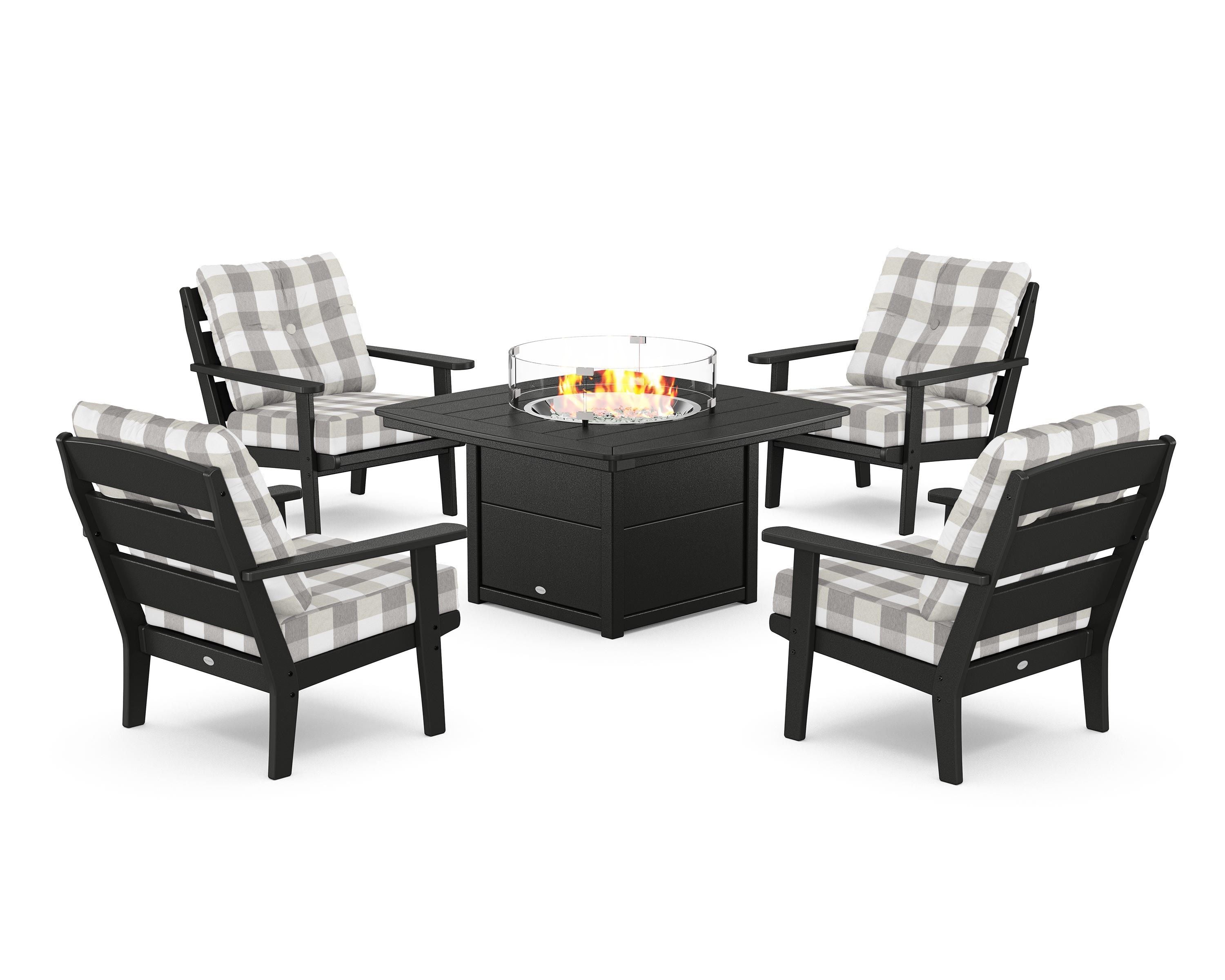 POLYWOOD® Lakeside 5-Piece Deep Seating Set with Nautical Fire Pit Table in Black / Buffalo Plaid Grey Mist