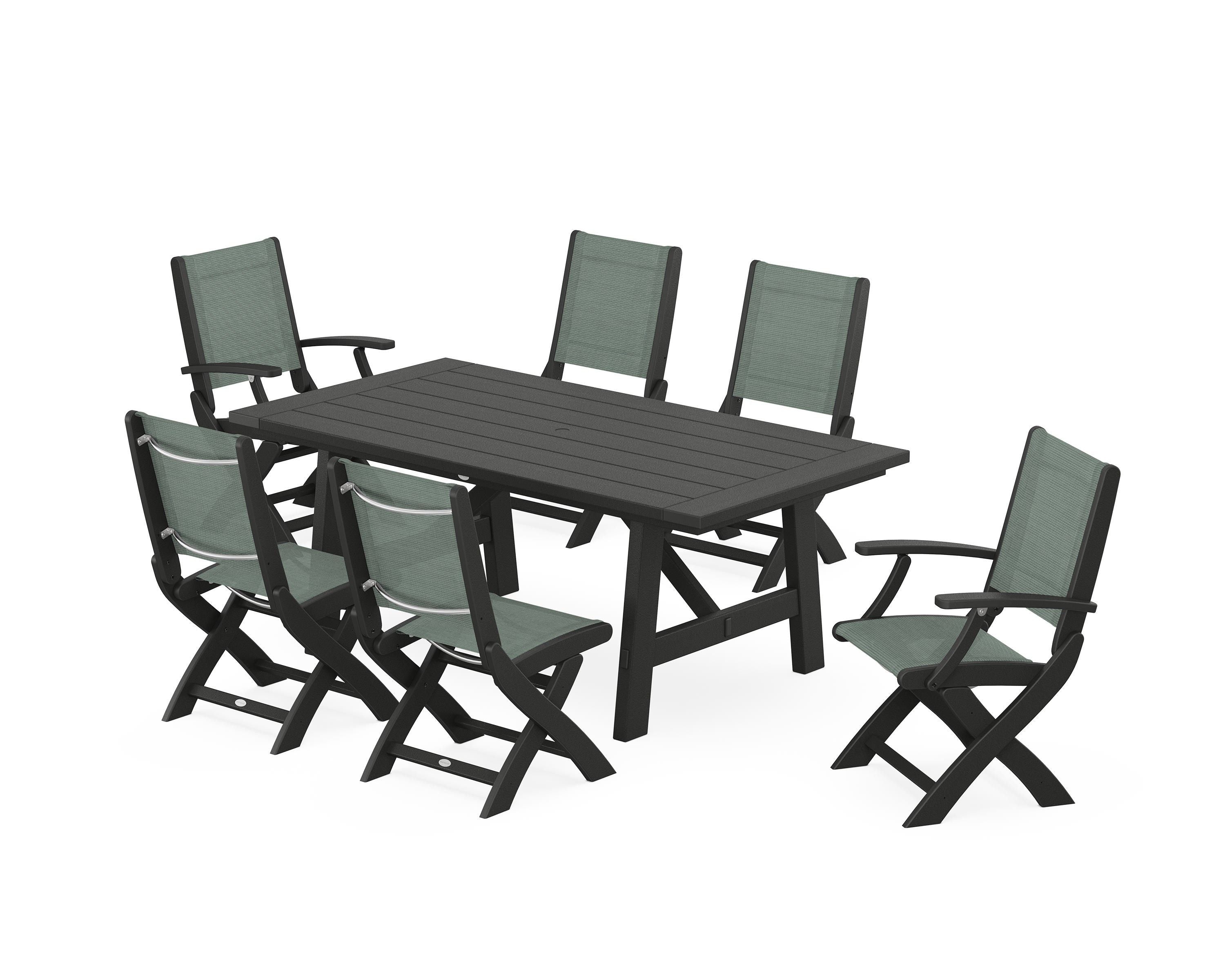 POLYWOOD® Coastal Folding Chair 7-Piece Rustic Farmhouse Dining Set in Black / Dupioni Sea Mist Sling