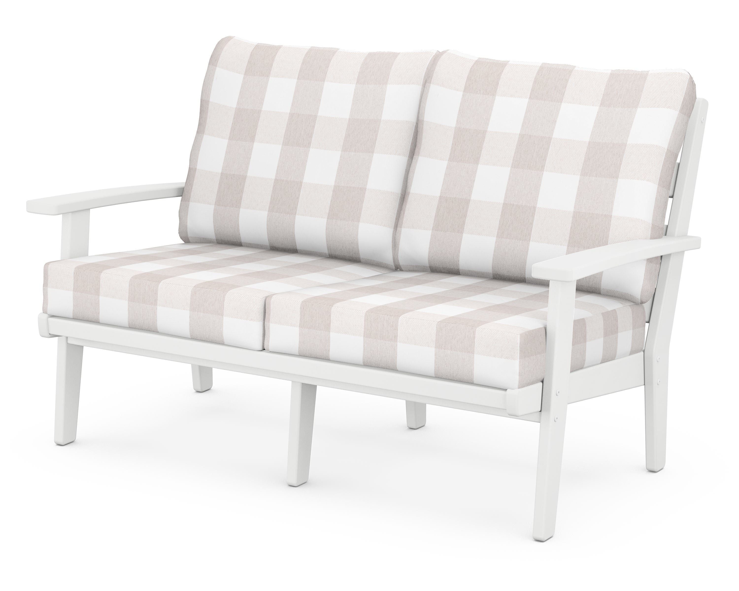 POLYWOOD® Grant Park Deep Seating Loveseat in White / Buffalo Plaid Dune Burlap