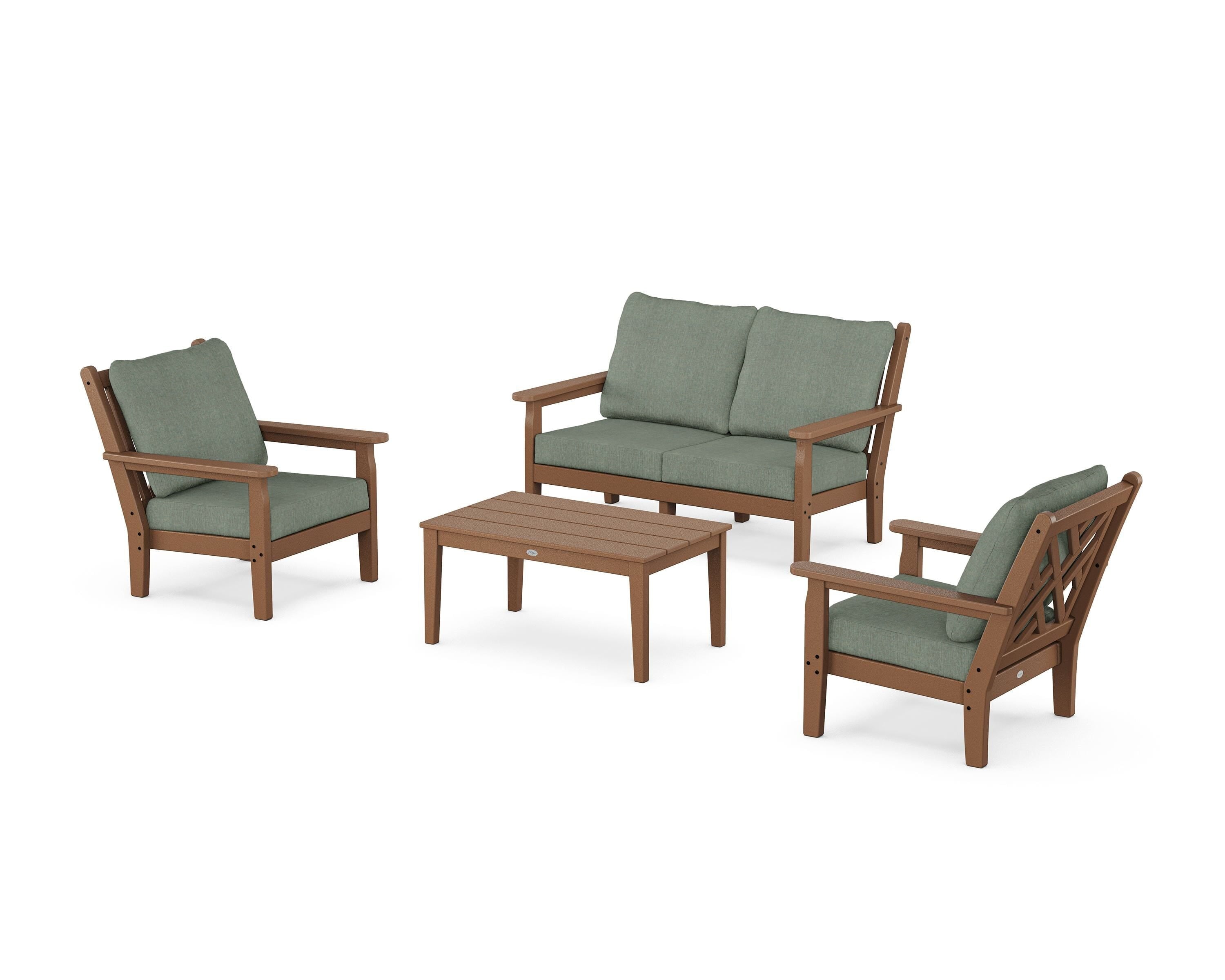 POLYWOOD® Chippendale 4-Piece Deep Seating Set with Loveseat in Teak / Cast Sage