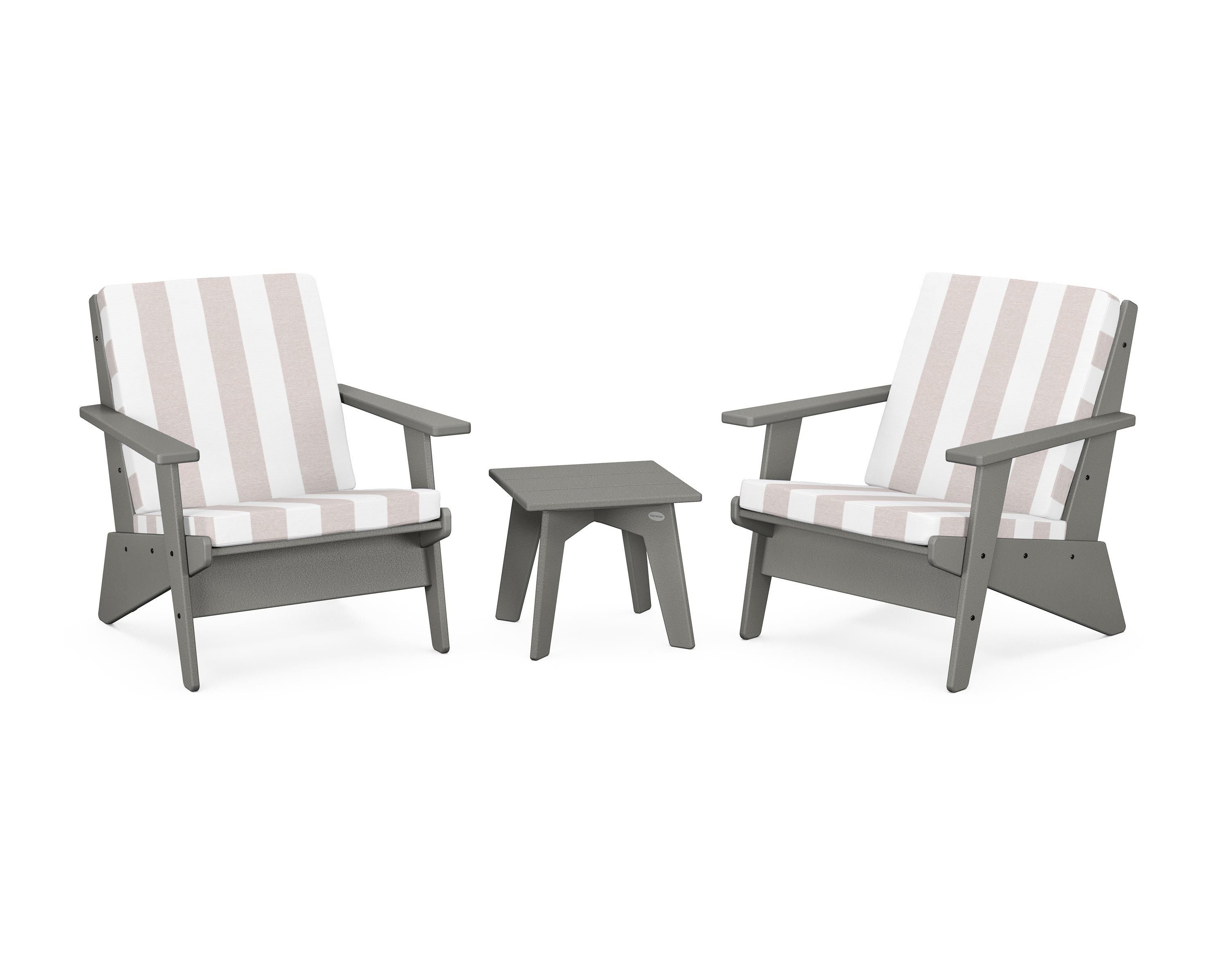 POLYWOOD® Riviera Modern Lounge 3-Piece Set in Slate Grey / Cabana Stripe Dune Burlap