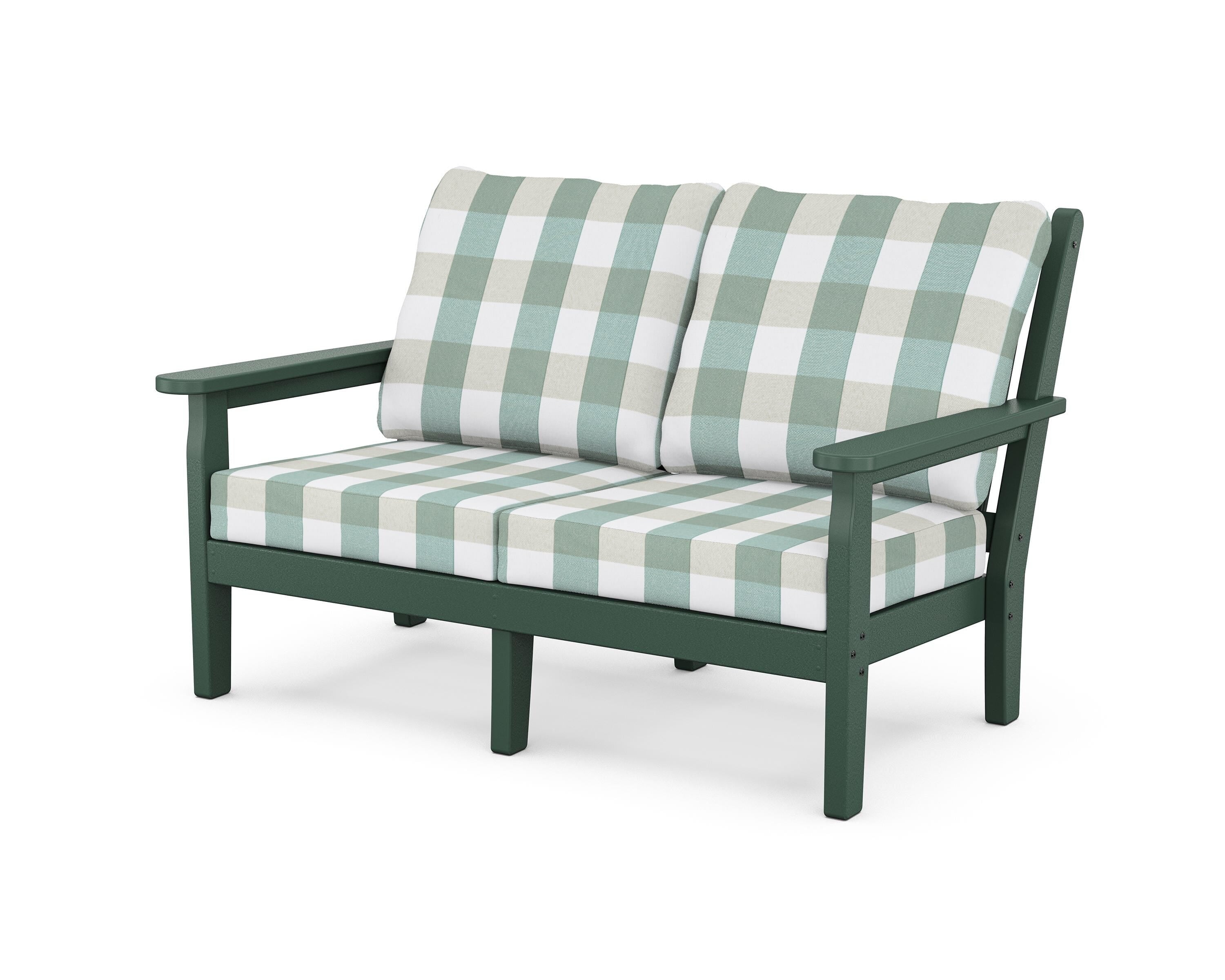 POLYWOOD® Chippendale Deep Seating Loveseat in Green / Buffalo Plaid Glacier Spa