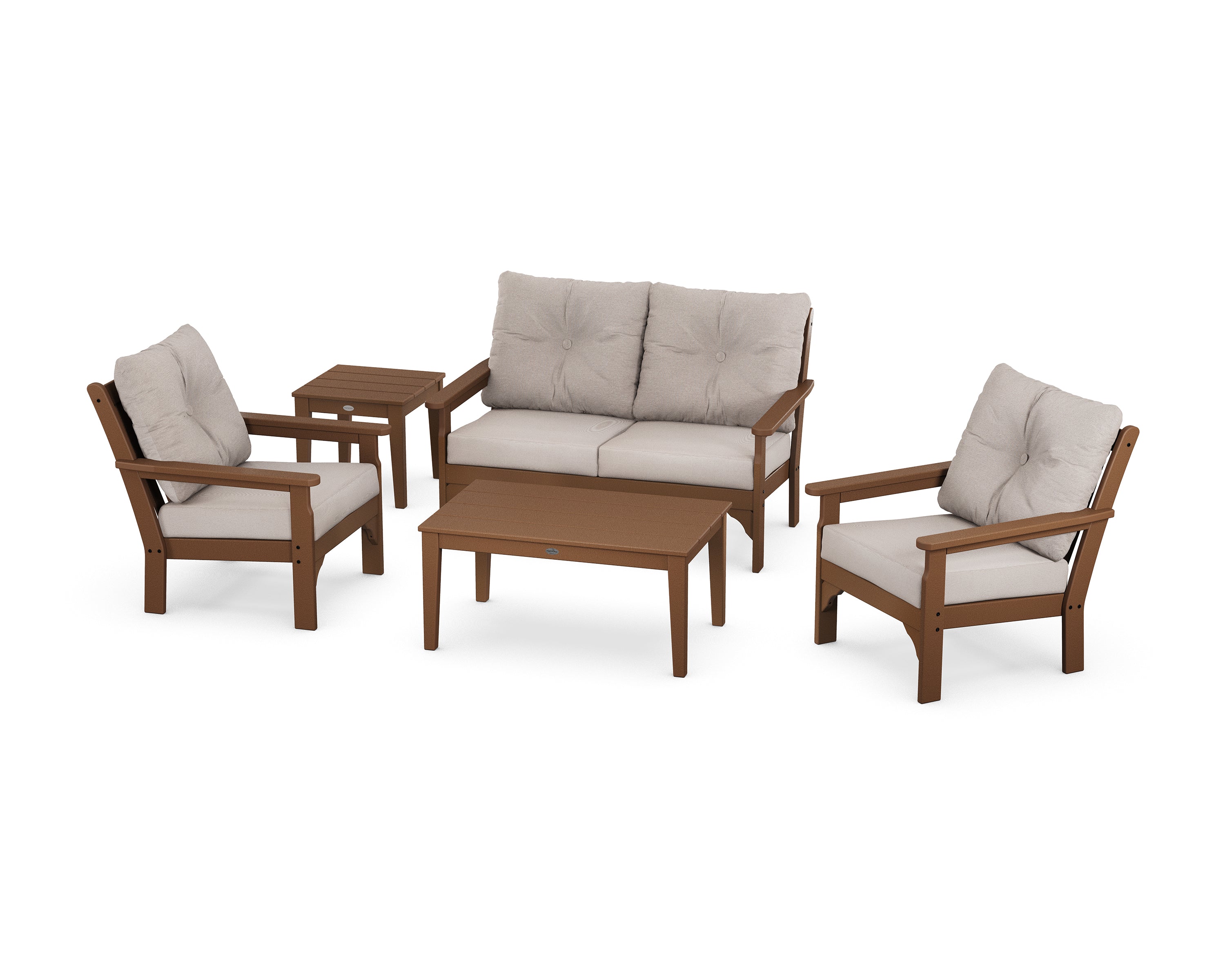 POLYWOOD® Vineyard 5-Piece Deep Seating Set in Teak / Dune Burlap