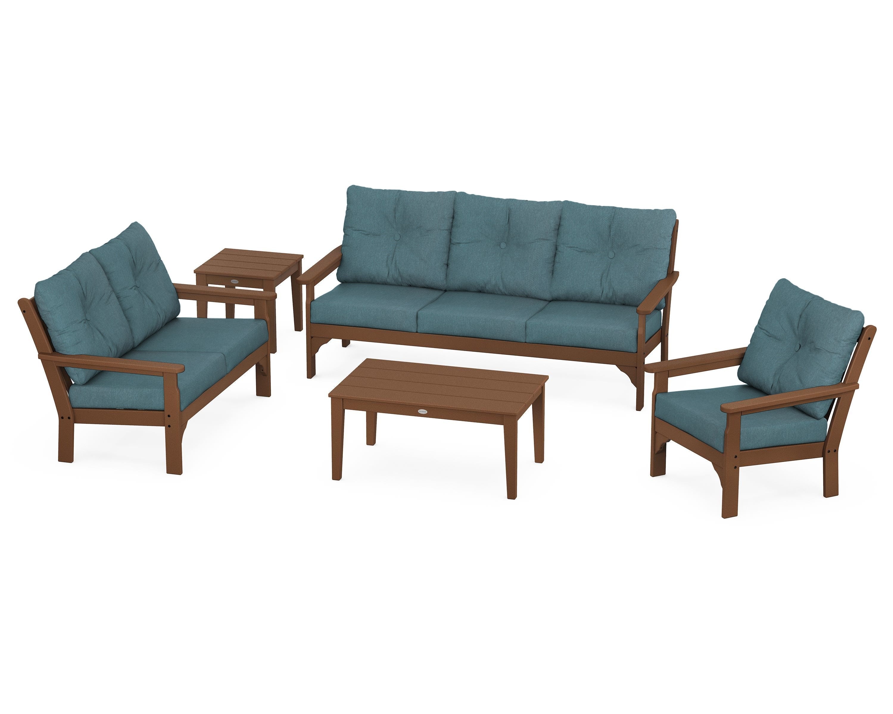 POLYWOOD® Vineyard 5 Piece Deep Seating Set in Teak / Ocean Teal