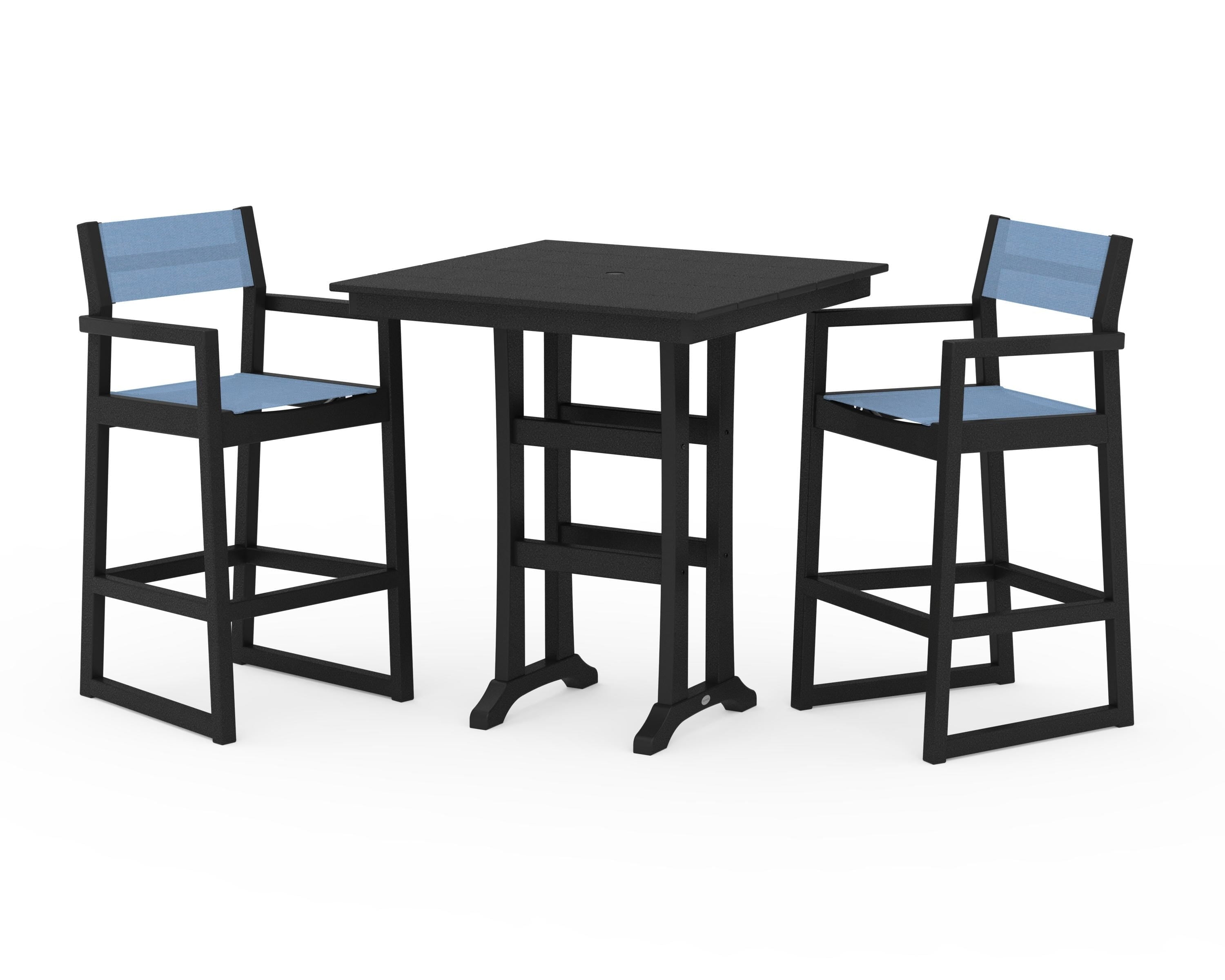 POLYWOOD® EDGE Sling Arm Chair 3-Piece Farmhouse Bar Set with Trestle Legs in Black / Poolside Sling