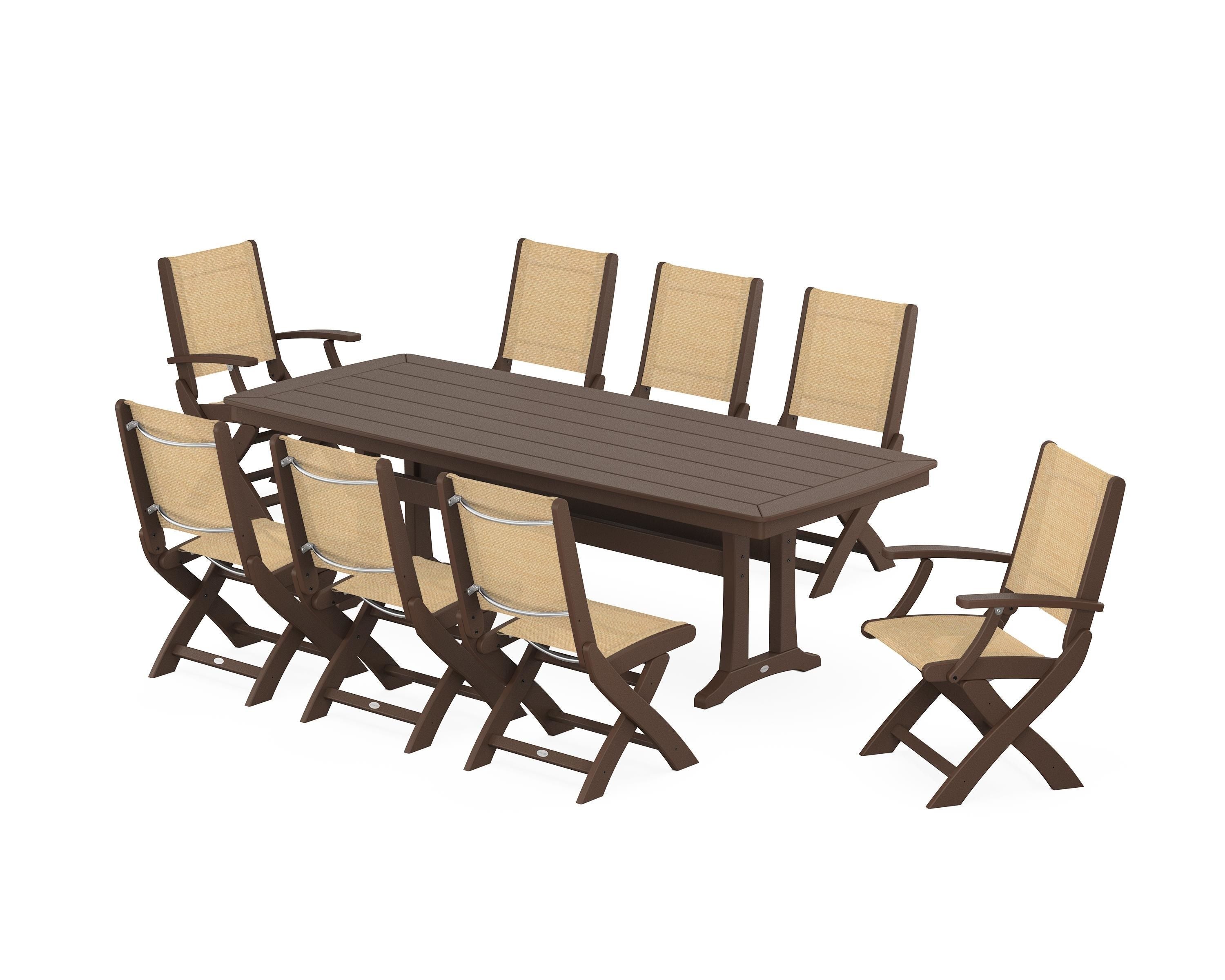 POLYWOOD® Coastal Folding 9-Piece Dining Set with Trestle Legs in Mahogany / Dupioni Apricot Sling