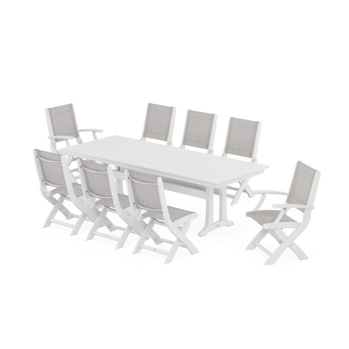 Coastal 9-Piece Folding Dining Chair Farmhouse Dining Set with Trestle Legs