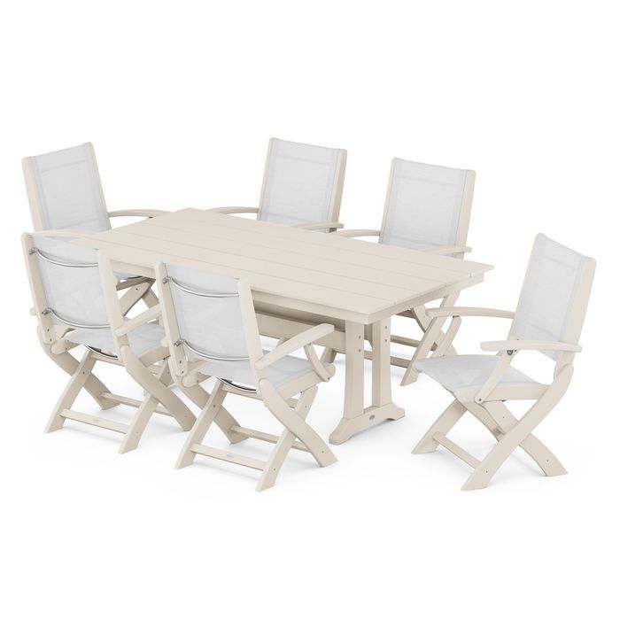 Coastal Folding Chair 7-Piece Dining Set with Trestle Legs