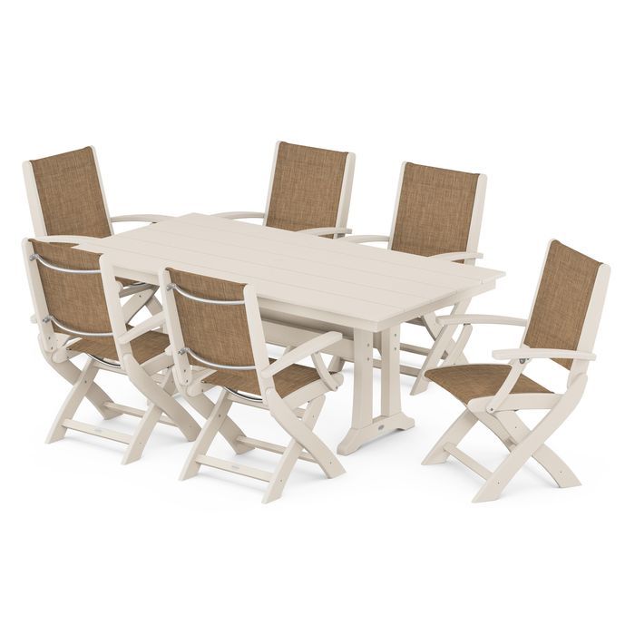 Coastal Folding Chair 7-Piece Dining Set with Trestle Legs