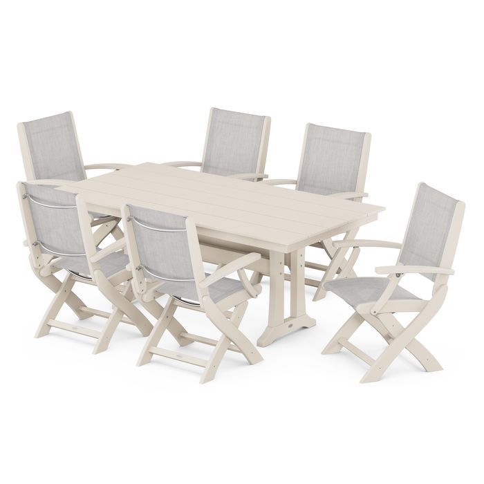 Coastal Folding Chair 7-Piece Dining Set with Trestle Legs