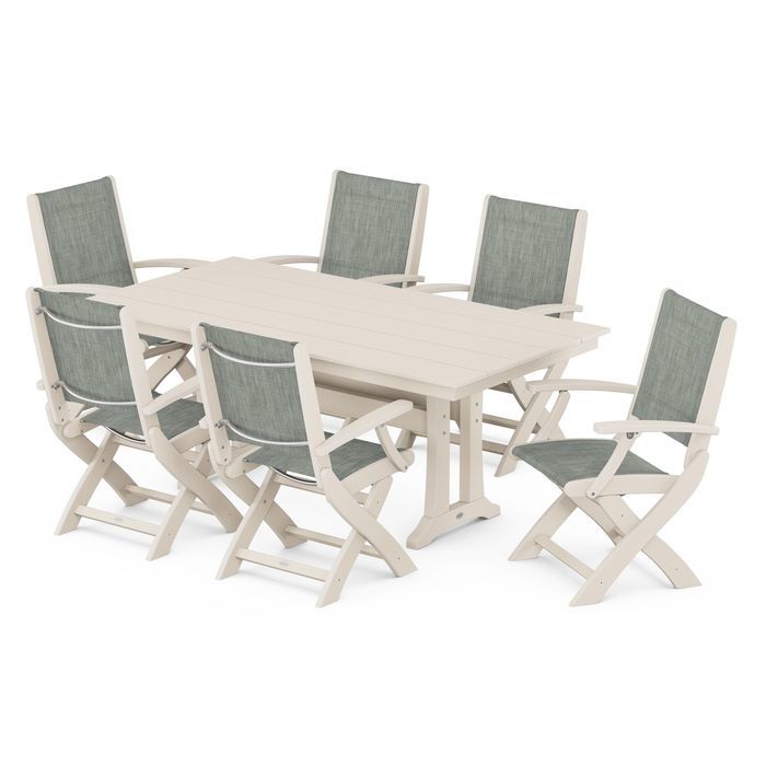 Coastal Folding Chair 7-Piece Dining Set with Trestle Legs