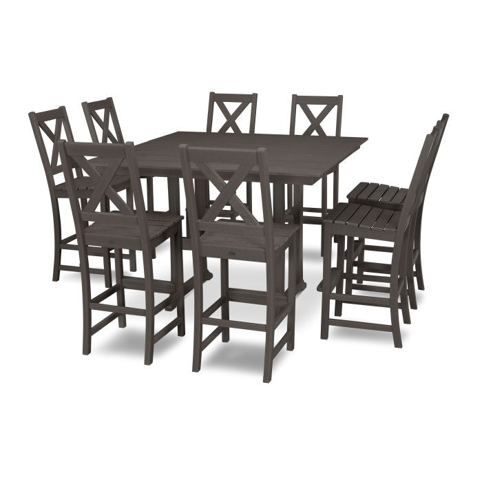 Braxton 9-Piece Farmhouse Trestle Bar Set in Vintage Finish