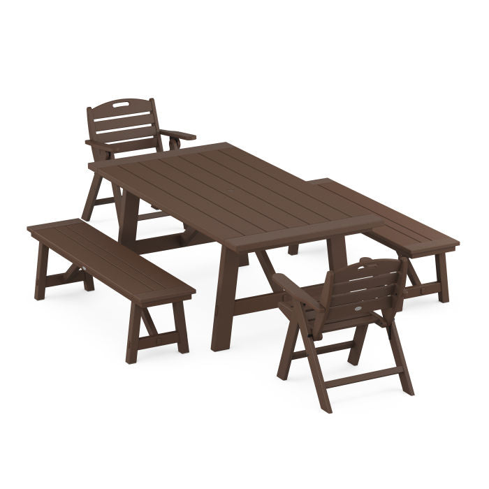 Nautical Folding Lowback Chair 5-Piece Rustic Farmhouse Dining Set With Benches
