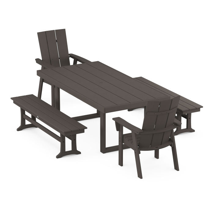 Modern Curveback Adirondack 5-Piece Dining Set with Benches in Vintage Finish