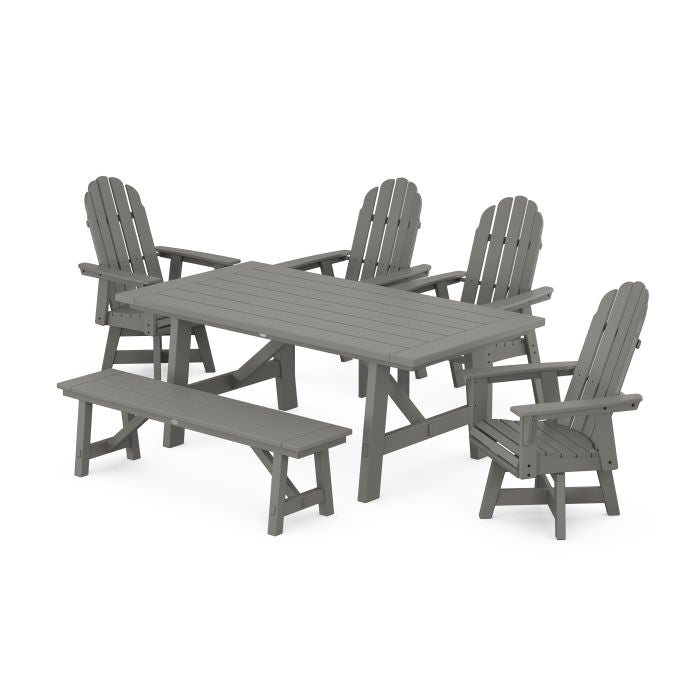 Vineyard Curveback Adirondack Swivel Chair 6-Piece Rustic Farmhouse Dining Set With Bench