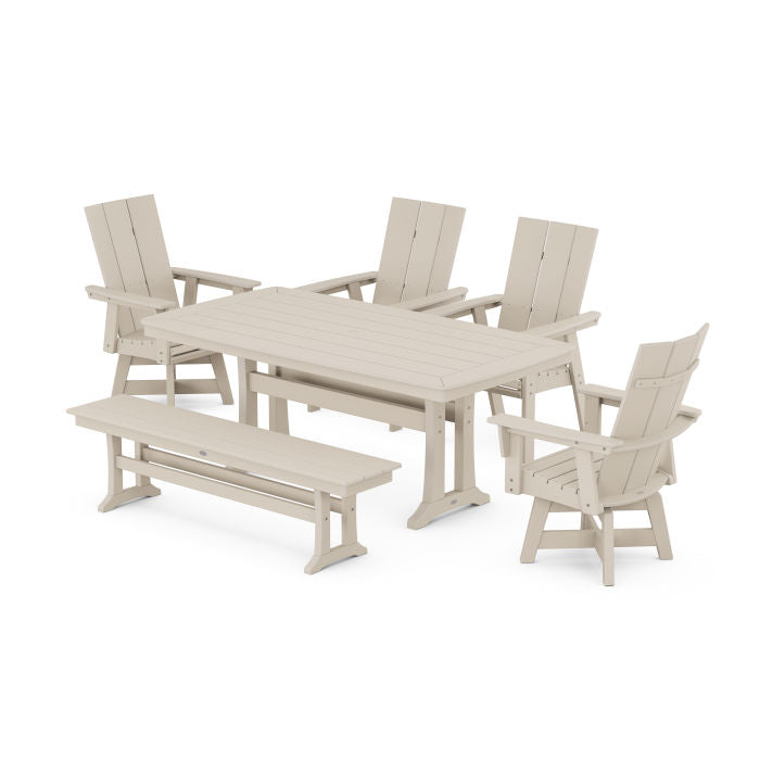 Modern Curveback Adirondack Swivel Chair 6-Piece Dining Set with Trestle Legs and Bench