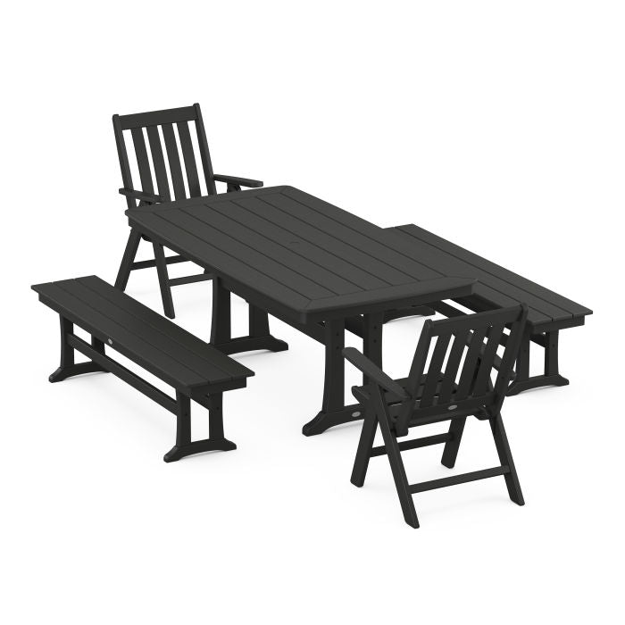 Vineyard Folding Chair 5-Piece Dining Set with Trestle Legs and Benches