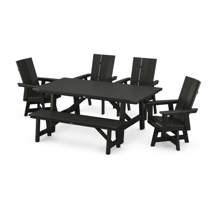 Modern Curveback Adirondack Swivel Chair 6-Piece Rustic Farmhouse Dining Set with Bench